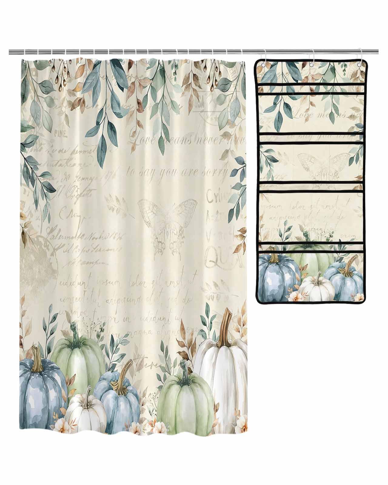 Decorative Shower Curtain Sets Fall Fabric Shower Curtains Thanksgiving Vintage Oil Painting Pumpkin Eucalyptus Leaves Flowers Mesh Shower