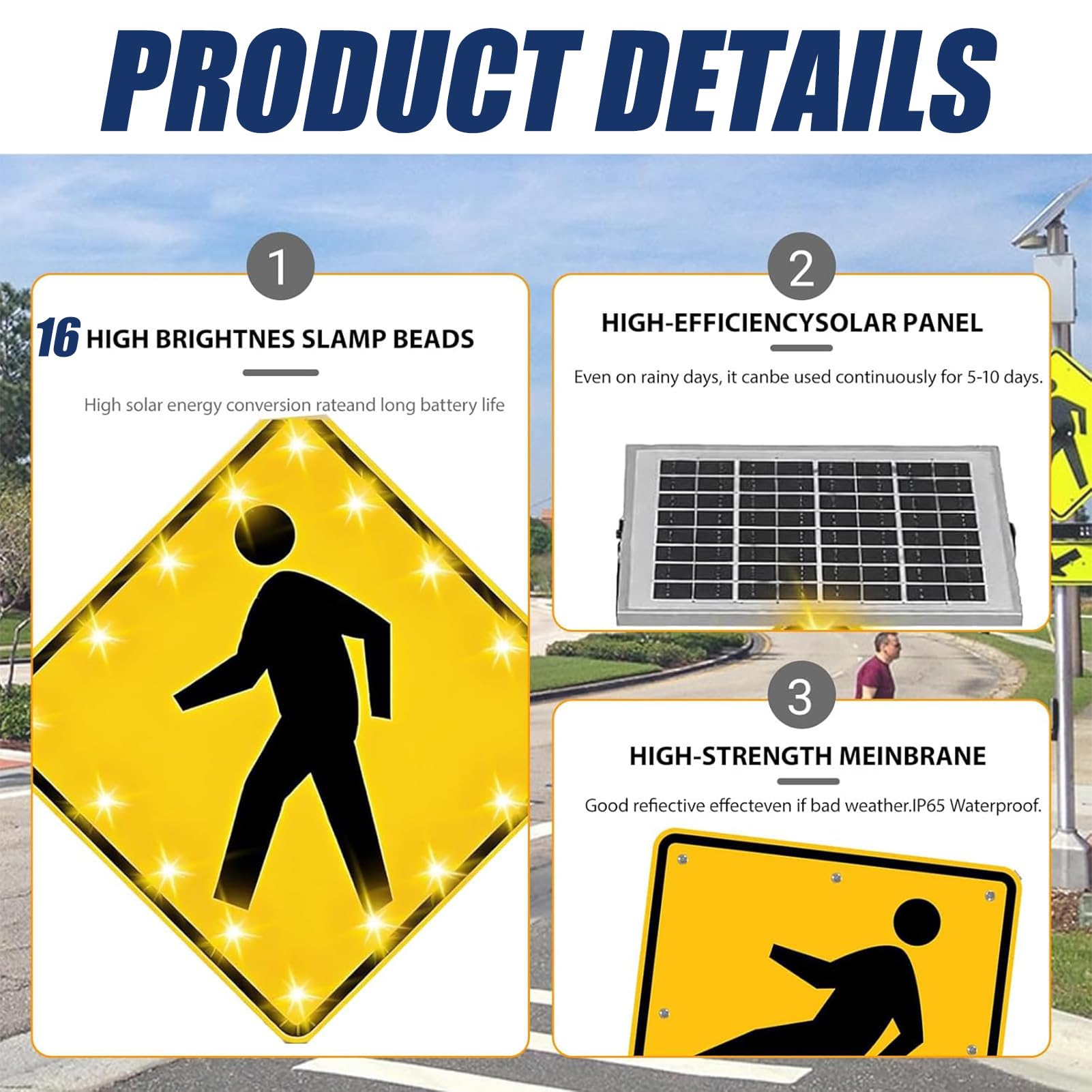 Semáforo LED, señal de Cruce peatonal LED Solar Intermitente - Señal de Advertencia de tráfico para Todo Tipo de Clima de 24"/30" con película Reflectante de Grado de ingeniería y Aluminio d