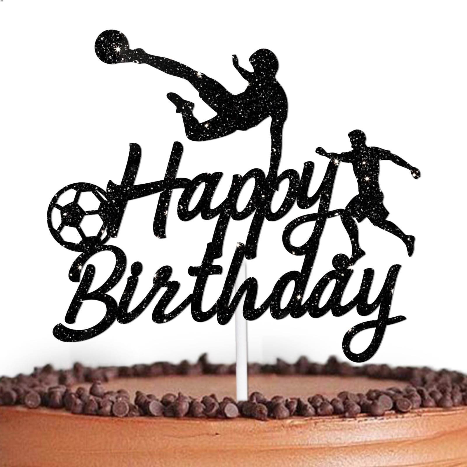 Black Glitter Soccer Happy Birthday Cake Topper Cheer to Play Ball Sport World Cup Football Theme Decorations Men Women Happy Birthday Decor Supplies