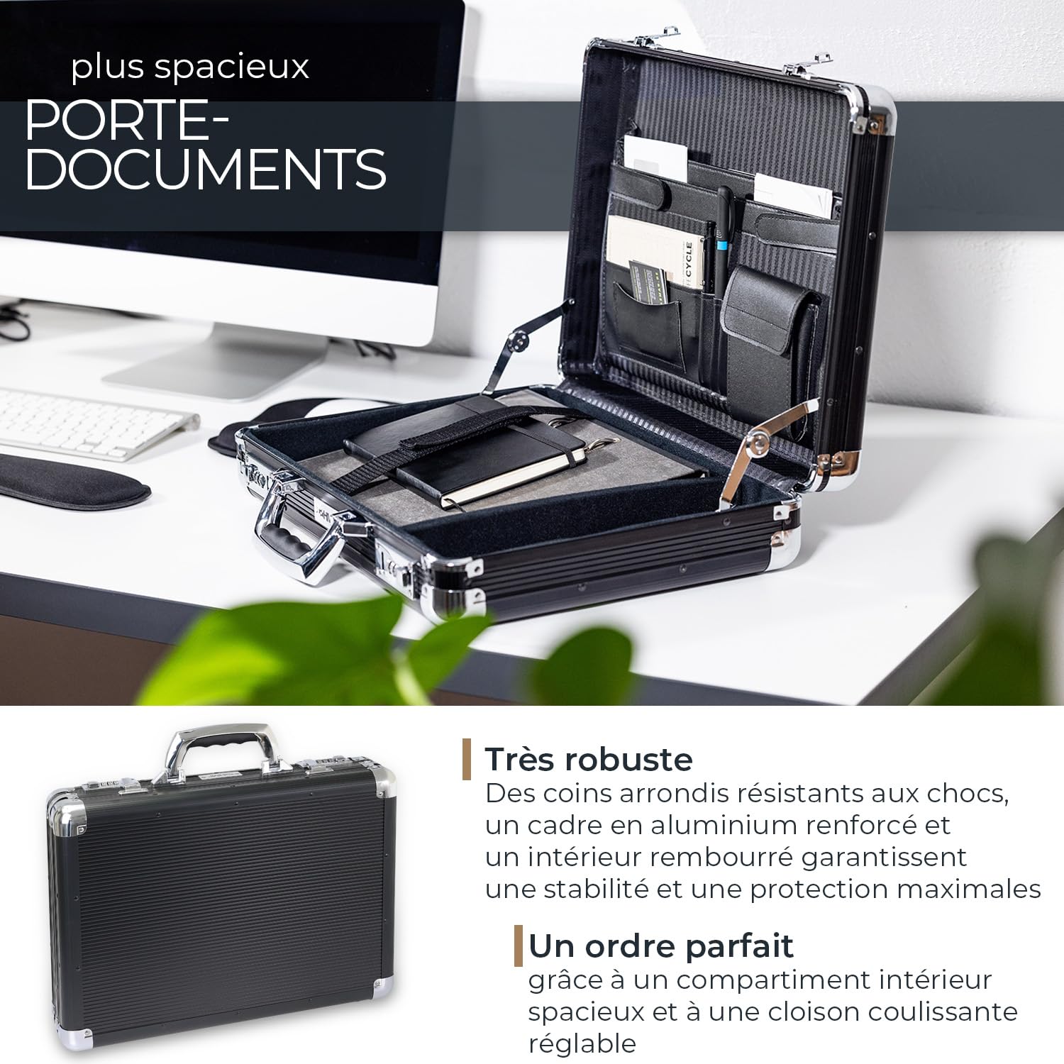 HMF Mallette en aluminium pour ordinateur portable jusqu’à 17,3 pouces, Mallette business homme avec serrure à combinaison, compartiment rembourré et organiseur | 45 x 33 x 11 cm | Noir
