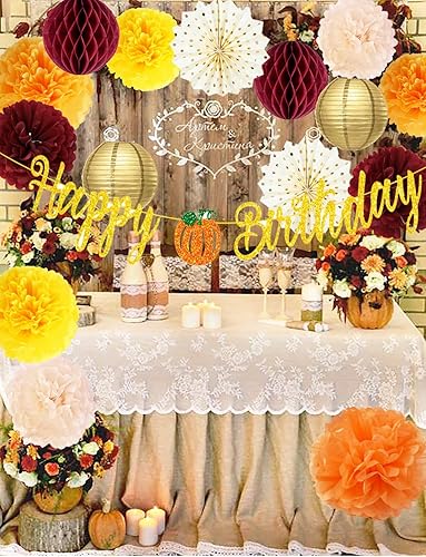 Decoraciones de fiesta de cumpleaños de otoño, color naranja granate, oro naranja, Acción de Gracias, cumpleaños, granate, amarillo, mujer, burdeos,