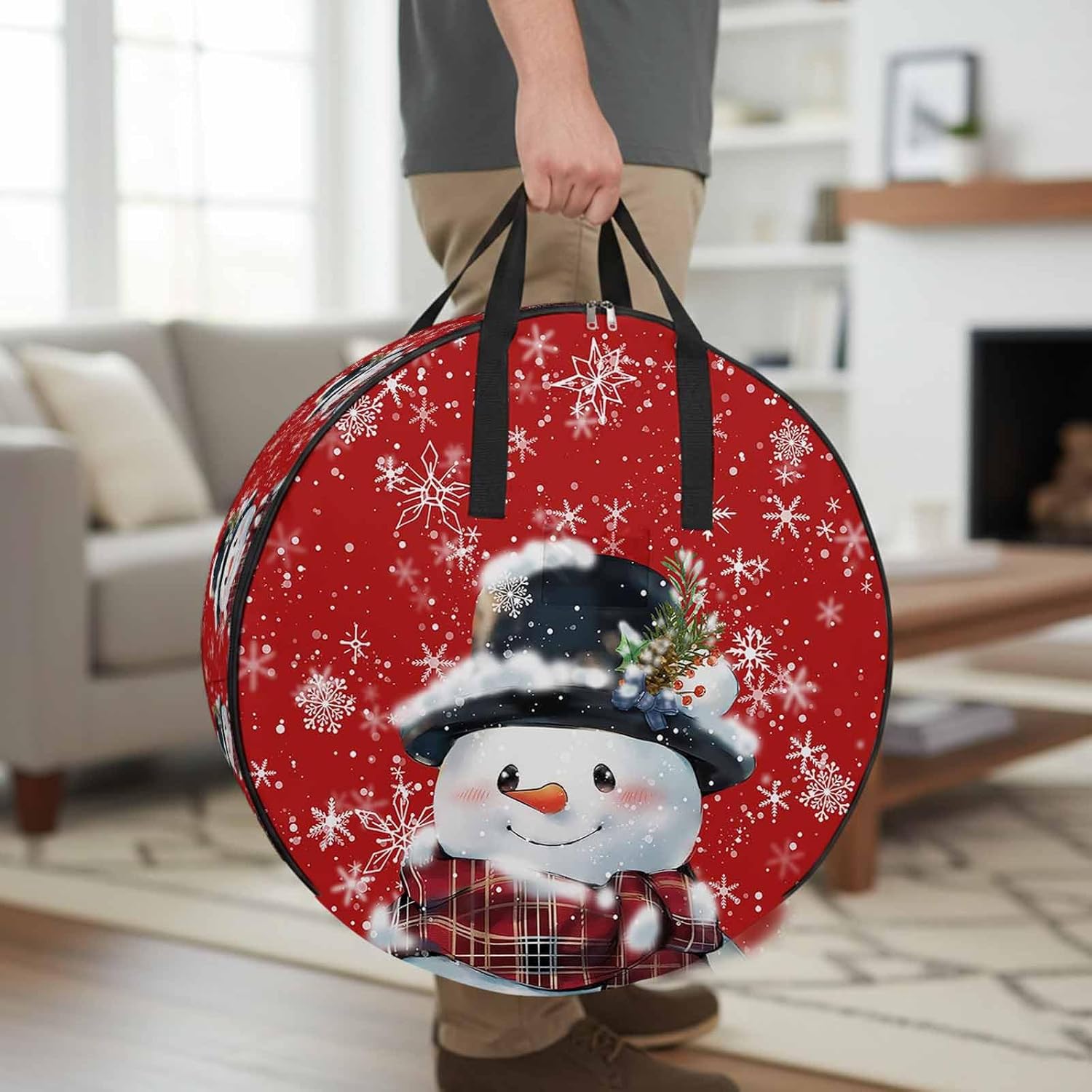 Christmas Snowman Round Storage Bag 36 Inch, with Snowflakes Red Texture Clothes Storage Container with Handles Heavy Duty Organizer for Comforter, Bedding & Holiday Wreaths