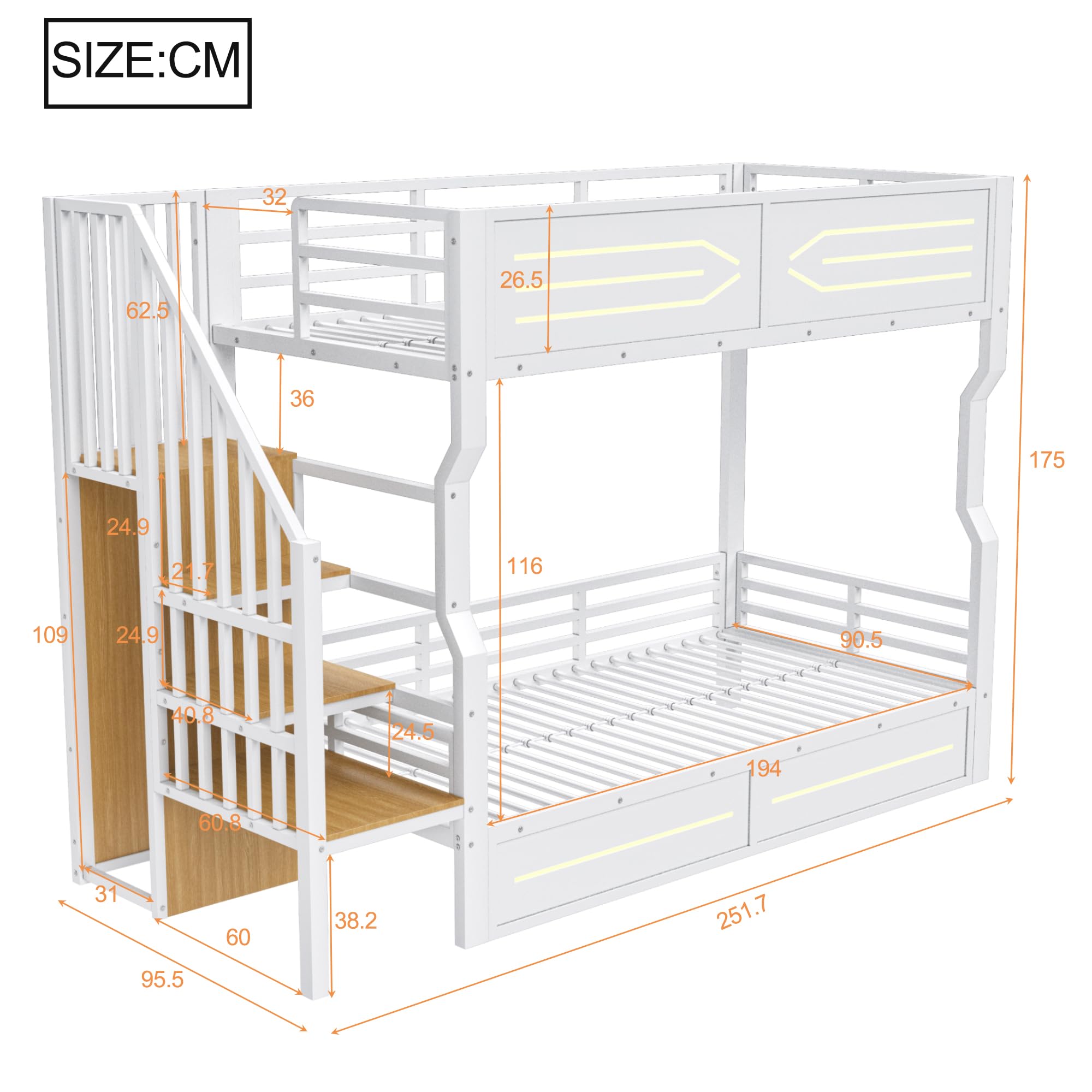 Etagenbett Kinderbett 90x200 cm mit LED und Stauraum, Metallbett Hochbett mit Treppe im Schrankstil und Rausfallschutz, Jugendbett Stockbett Bettgestell mit Lattenrost, Weiß, Ohne Matratze