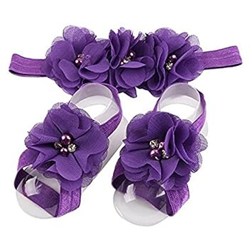 Baby girls infant crochet butterfly headbands and knitted flower barefoot sandals.BBFJ3 Purple