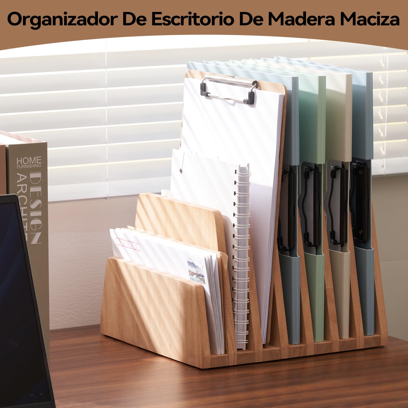 KIRIGEN Archivador Madera, Organizador Escritorio, 7 Ranuras, Natural | Madera maciza de paulownia, 26,3 x 25,2 x 18 cm; artesanal, acabado con aceite vegetal, montado y con bases antideslizantes