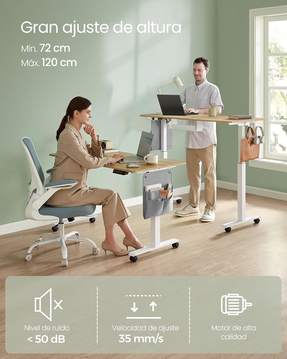 Image showing a person sitting and another standing at the desk, highlighting features like low noise level (<50 dB), adjustment speed (35 mm/s), and high-quality motor.