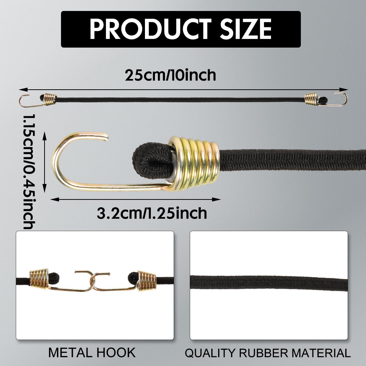 Mini Rubber Black Bungee Straps, Short Tarp Bungee Cords, Elastic Small Cords with Hooks for Outdoor, Camping, Tents, Tarps (10 Inch, 20Pcs)