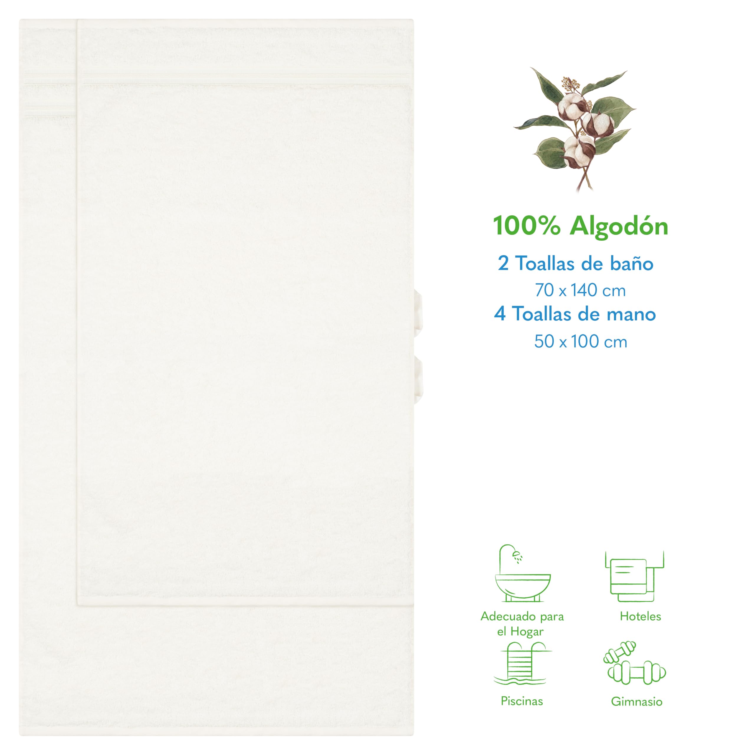 Hammetex Juego 6 Toallas, 2 de Baño 70x140 + 4 de Mano 50x100 cm, Algodón | 100% algodón rizo, certificadas OEKO-TEX, suaves y absorbentes, con presilla, toallas de ducha para el baño