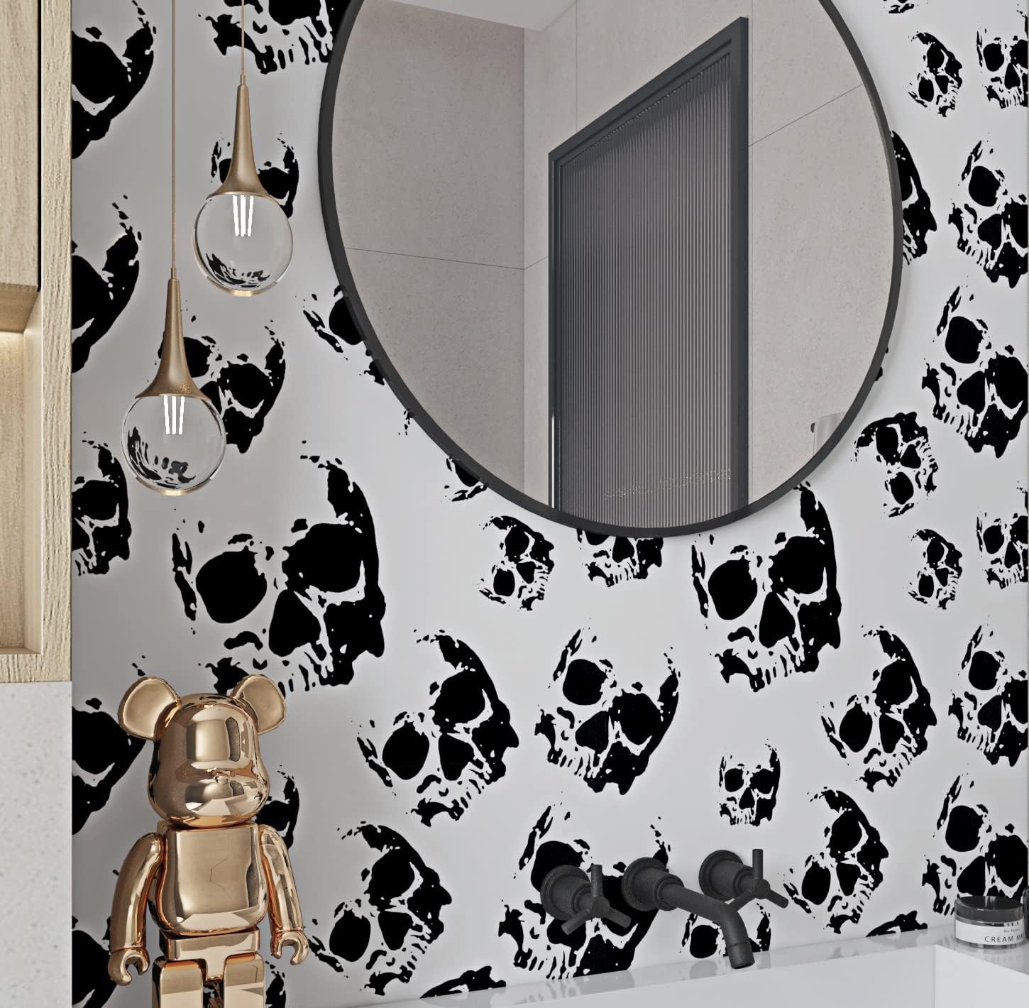 ReWallpaper Gothic Peel and Stick Wallpaper Black Skull Wall Murals Peel & Stick Contact Paper Removable 17.5inx10ft Cool Black White Wall Paper for Bathroom Bedroom Scary Halloween Decorations Indoor