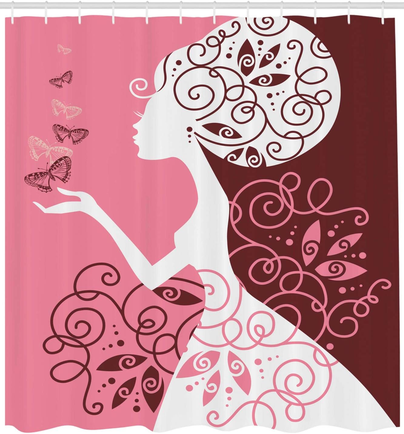 Ambesonne Pink Shower Curtain, Drawing Girl with Butterflies Floral Ornaments Swirled Branches, Cloth Fabric Bathroom Decor Set with Hooks, 69" W x 70" L, Pale Pink