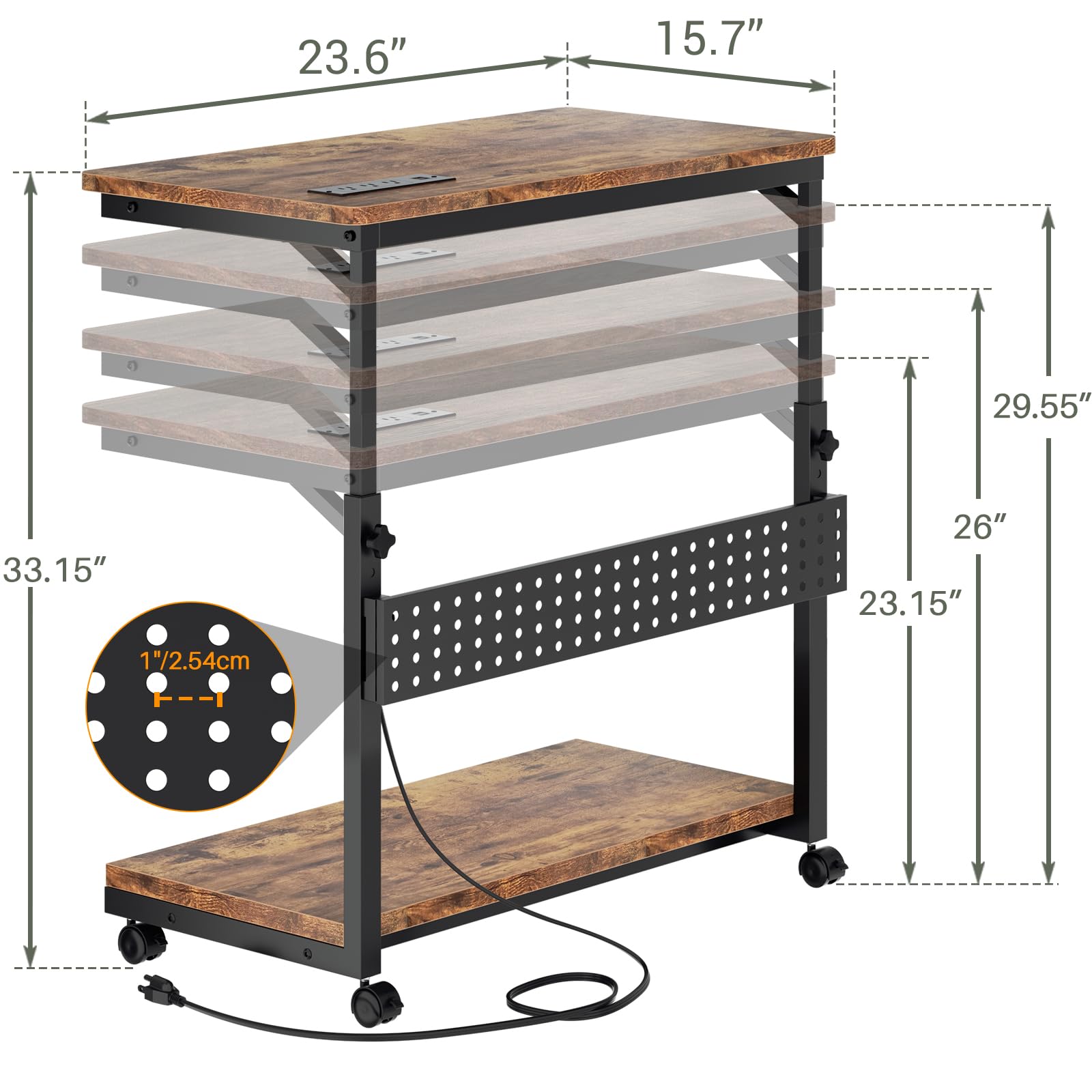 Besiost Soporte de torre para computadora con regletas de alimentación, soporte de torre de PC ajustable en altura con ruedas, soporte móvil para CPU, soporte lateral para carrito de computadora para