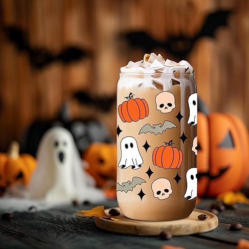 Miniatura 6 de Coolife Taza de otoño de calabaza y fantasma de Halloween  Taza de otoño de calabazas de 16 onzas, vaso de vidrio para café helado, tazas de vidrio