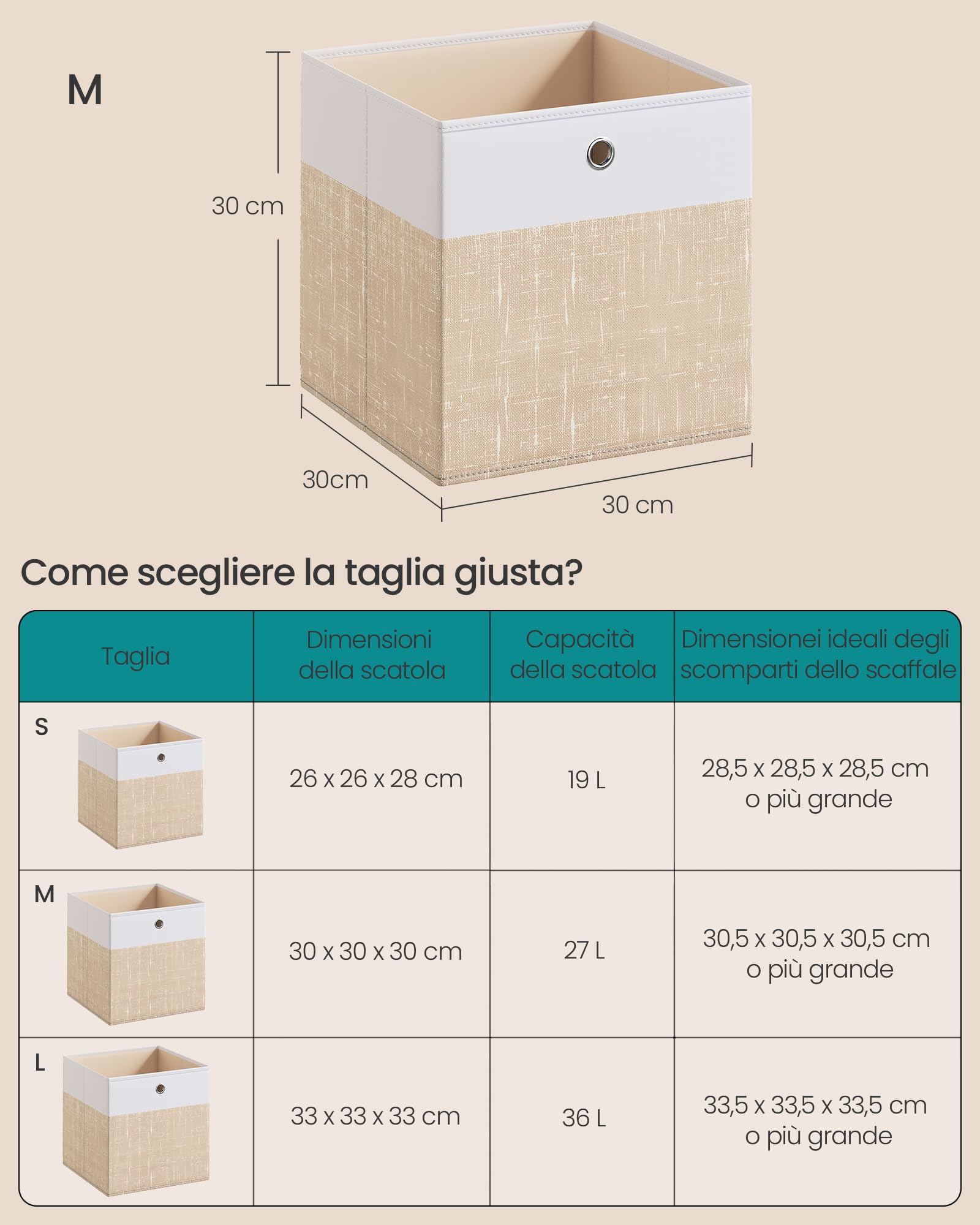 SONGMICS Scatole Portaoggetti, Set di 6, Contenitori in Tessuto, Pannelli in PP, Inodori, Pieghevoli, per Scaffale a Cubo, 30 x 30 x 30 cm, Bianco Nuvola e Beige Sabbia RFB430LF02