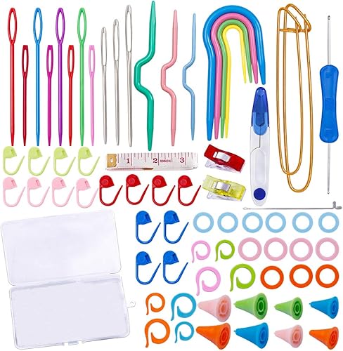 JUPEAN Accesorios completos para tejer, kit de suministros para tejer con marcadores de puntada, agujas de coser de plástico, agujas de cable para