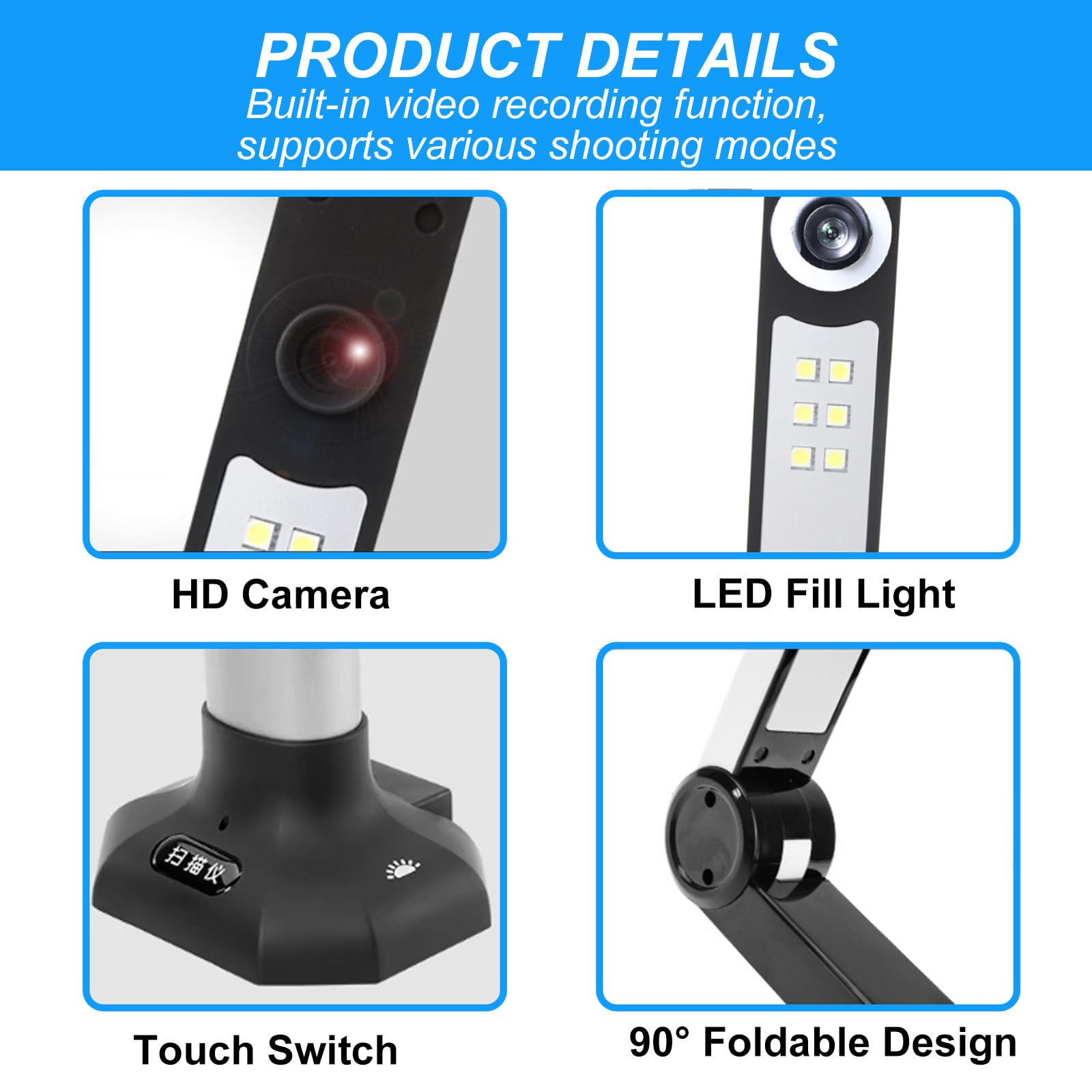 EscáNer USB con CáMara HD para Aulas, EscáNeres PortáTiles De FotografíA, Libros, Arte Y Documentos para El Aprendizaje A Distancia, con Escaneo AutomáTico Ocr/Luz De Relleno Led