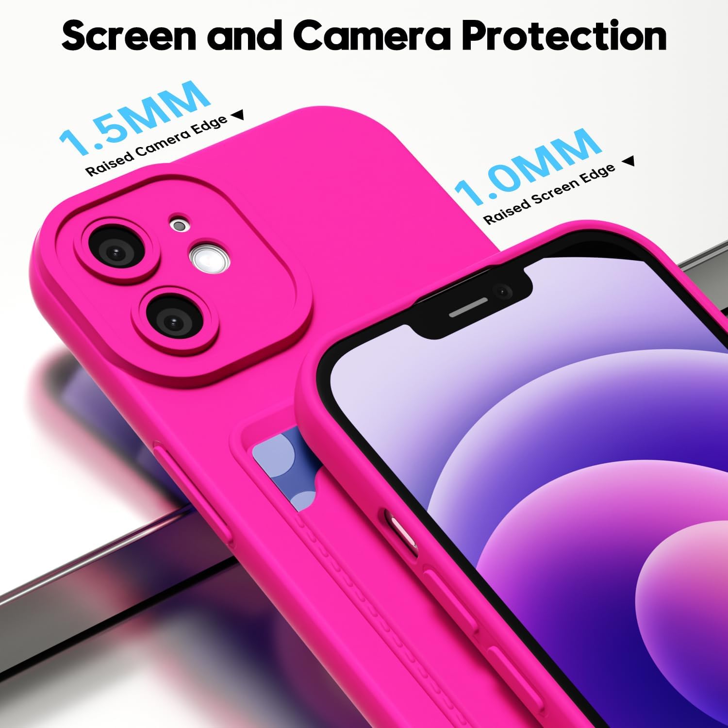 oakxco for iPhone 12 Mini Case with Card Holder, Cute Silicone Wallet Phone Case with Credit Card Slot, Soft Rubber Thin Slim Purse for Women Men with Shockproof Camera Cover Protection, Hot Pink - Image 4