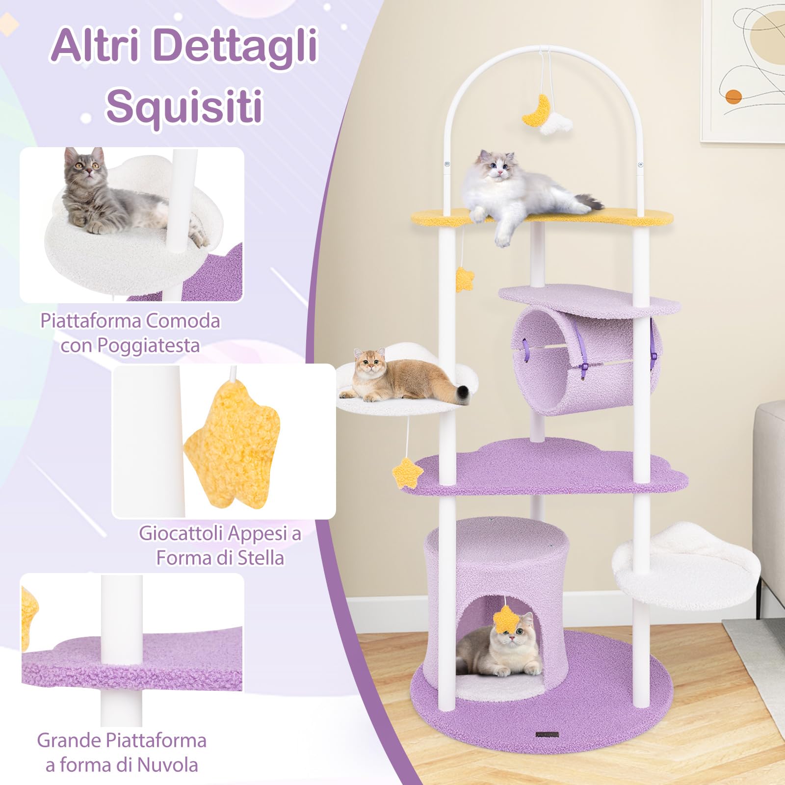 GYMAX Albero per Gatti, 60 x 60 x 158 cm, Torre Tiragraffi per Gatti Grandi Medi Piccoli, Piattaforma per Saltare, Giochi Appesi, Tunnel, Casetta, Struttura, Metallica Robusta