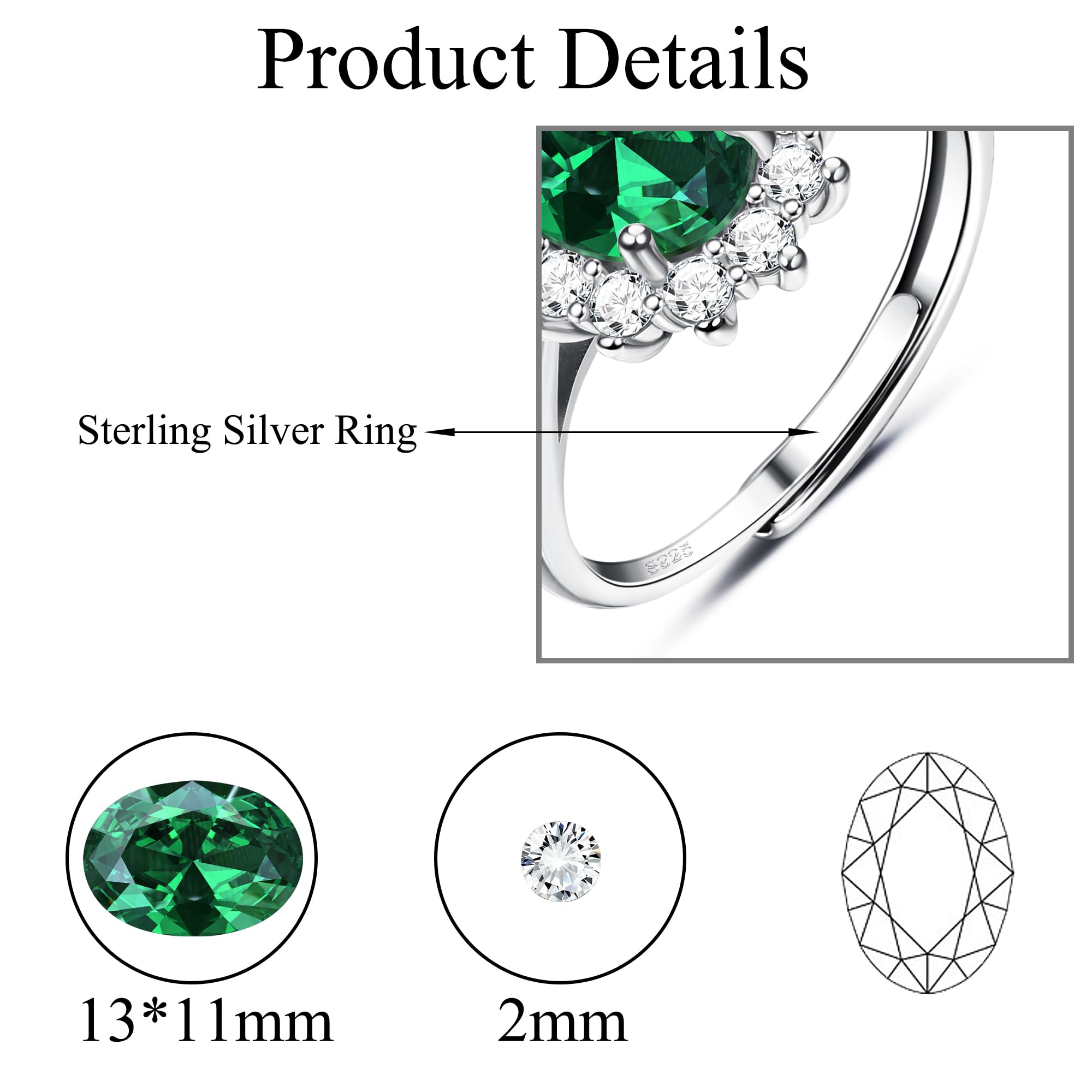 HMJGDHX 925 Sterling Silber Ringe für Frauen, Verlobungsringe, erstklassiger Edelstein-Geburtsstein-Smaragdring, verstellbare Versprechensringe aus Sterlingsilber, Jubiläumsschmuck für Sie