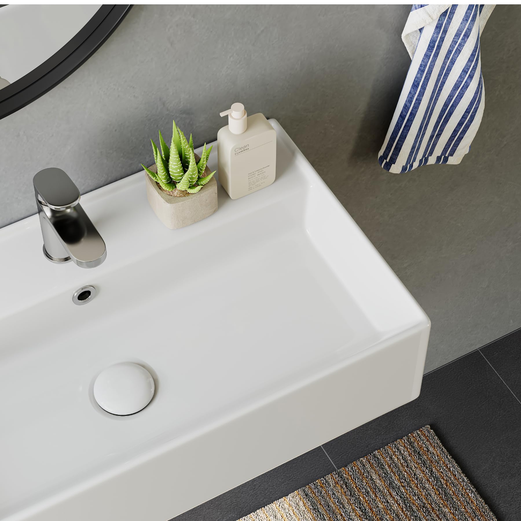 HOROW Lavabo de pared colgante con válvula de desagüe desplegable | Lavabo con diseño de borde fino, con orificio para grifo, para baño pequeño, inodoro, inodoro, lavabo, 55 cm, rectangular