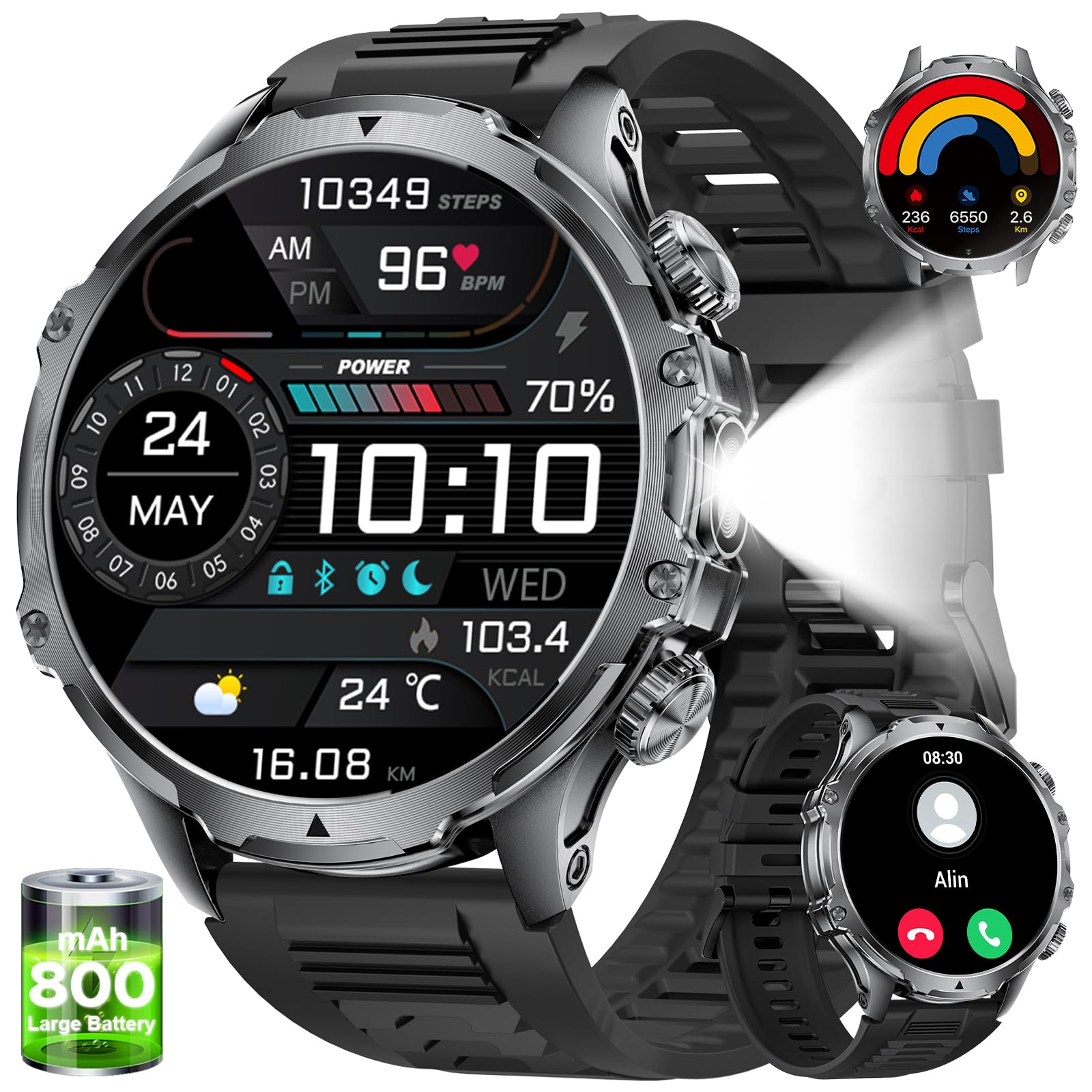 LIGE Smartwatch Uomo con Torcia LED/800mAh, 1.85'' Orologio Smart Watch con Chiamata Bluetooth, IP68 Impermeabile 110+ modalità Sportive Cardiofrequenzimetro SpO2 e Sonno per iOS Android,FV15-F