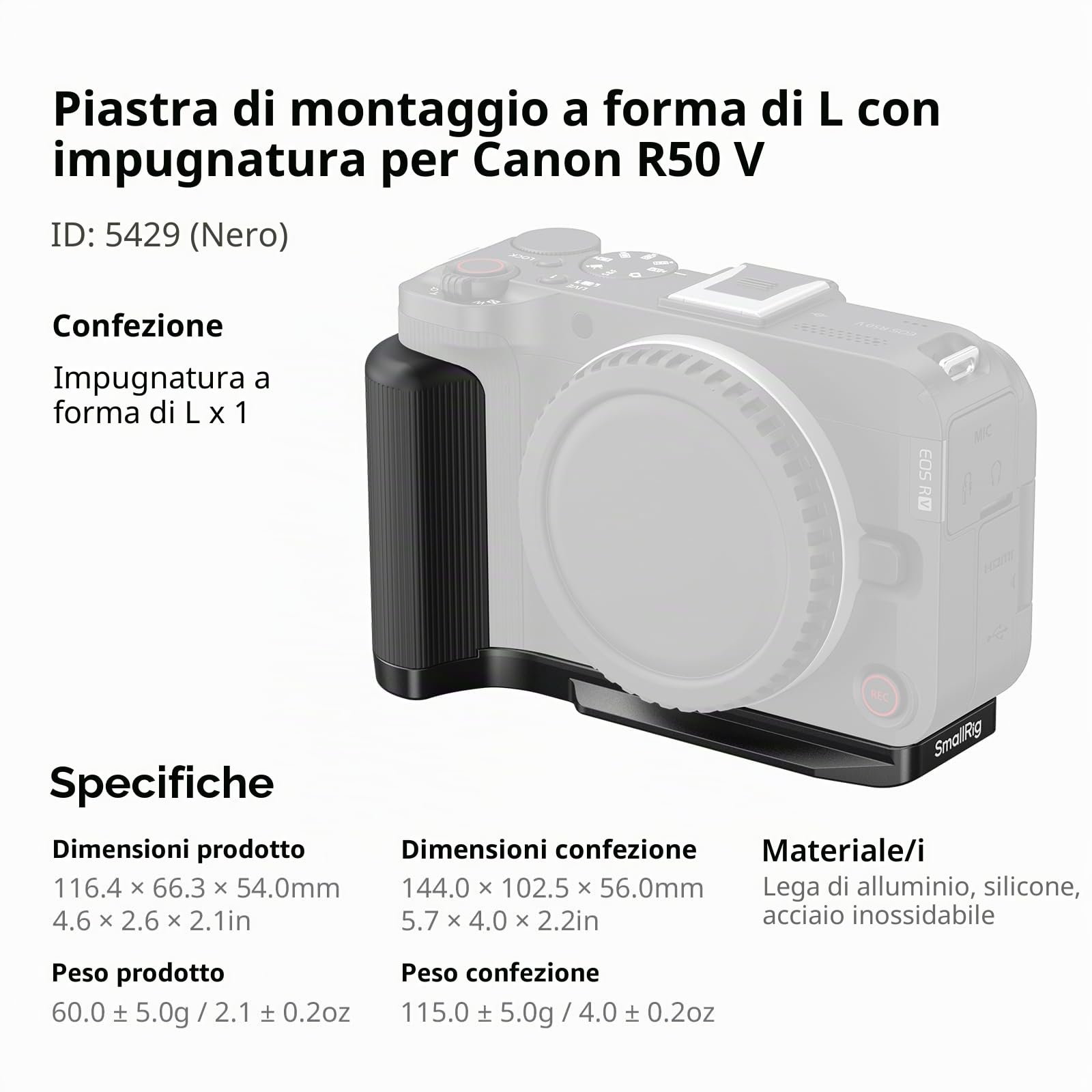 SMALLRIG Impugnatura R50 V a forma di L per Canon R50V con piastra a sgancio rapido per Arca, impugnatura laterale leggera a coste, supporto per scarpa fredda, fori filettati da 1/4"-20, supporto per