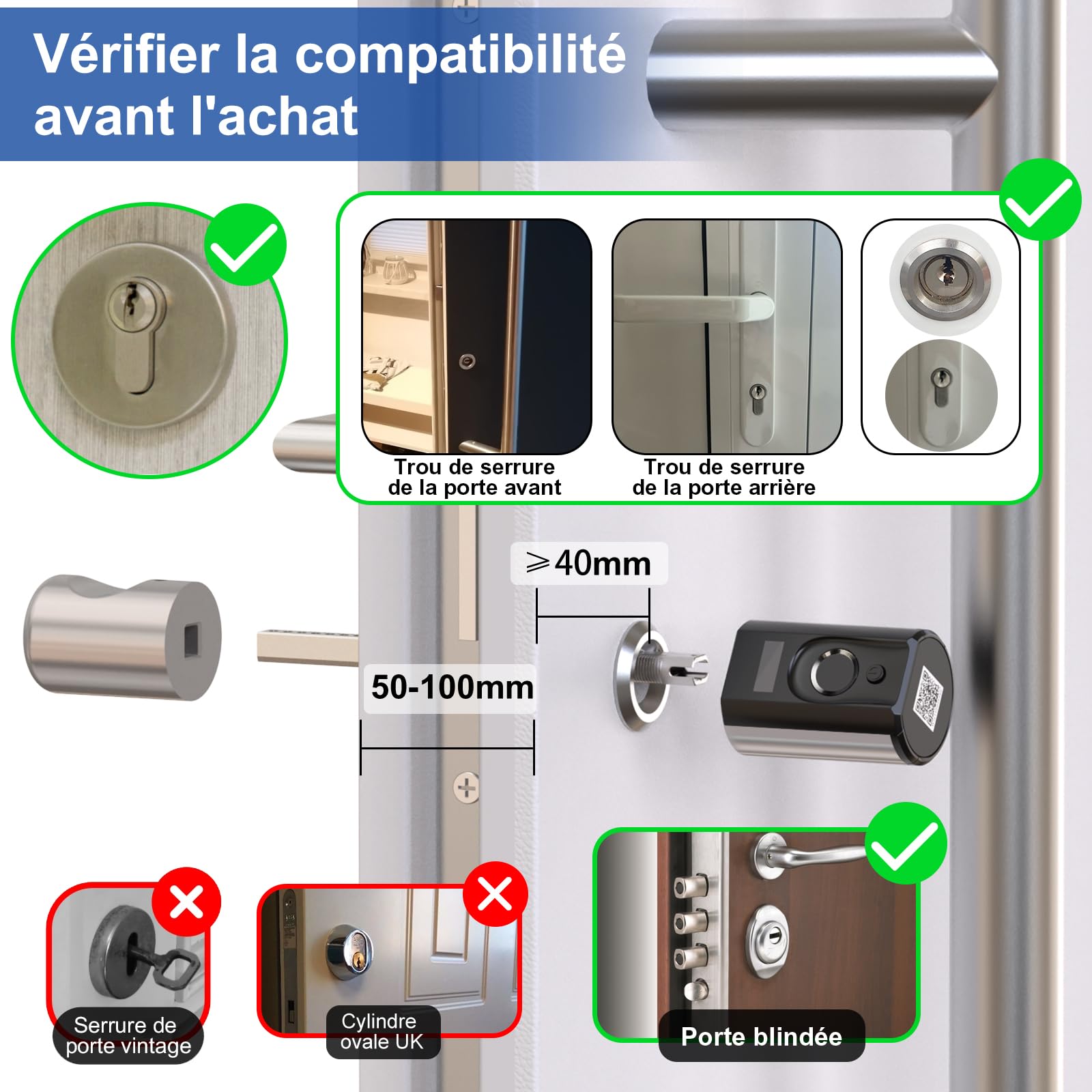 RUILON Touch63 Serrure connectée à empreinte digitale, cylindre biometrique | 40x30 Serrure biometrique porte d'entree avec 3 Cartes RFID, IP65, Intelligente, Portes 30-70 mm, Poignée avant amovible