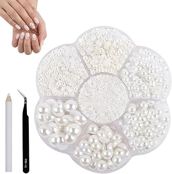 5600 PCS Flat Back Pearls for Crafts Kit, 2 10mm White Half Round Pearl Beads with Pickup Pencil and Tweezers, Flatback Pearls for Nail Art, DIY Crafts, Jewelry, Wedding Dress & Phone Case Decoration