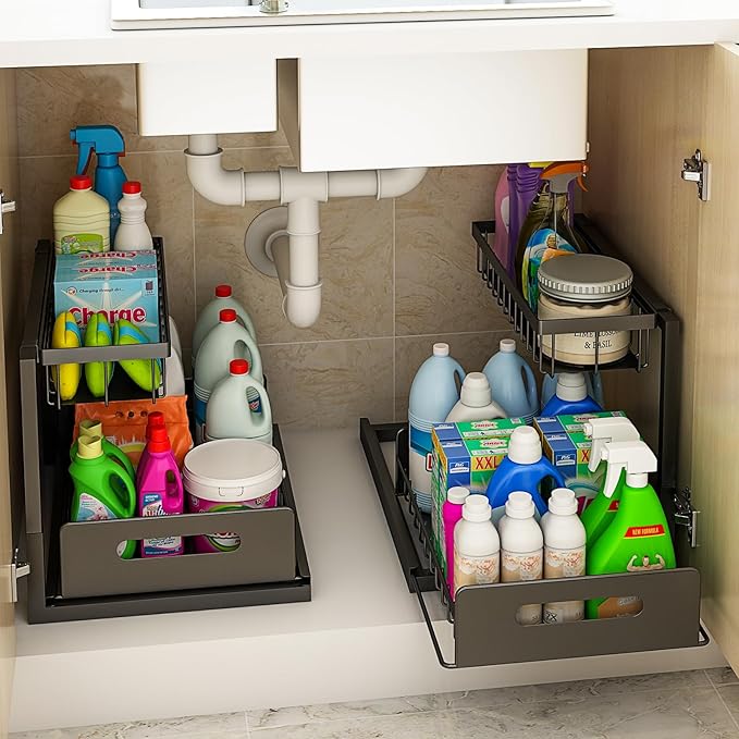 Under Sink Organizer, Kitchen Cabinet Organizer and Storage, 2 Tier Sliding Cabinet Organizer Pull Out Shelves for Pantry, Two Pack, Black