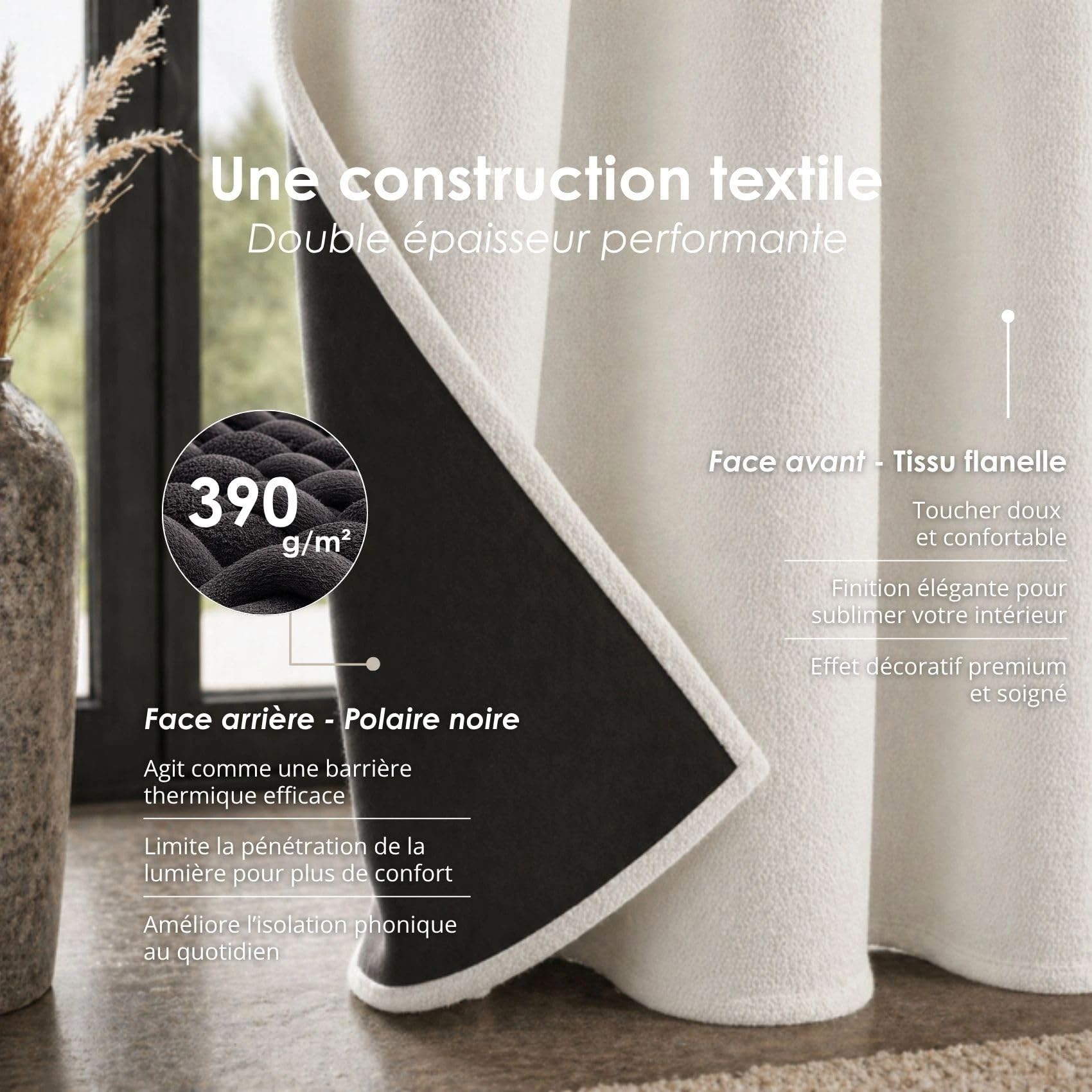 QABANE - Rideau Thermique Phonique et Semi Occultant KONFOR - Flanelle Polyester - Uni - Double Face - Isolation Thermique et Phonique - Réduction Bruit 5dB - Prêt à Poser - 140 x 260 cm - Blanc Cassé