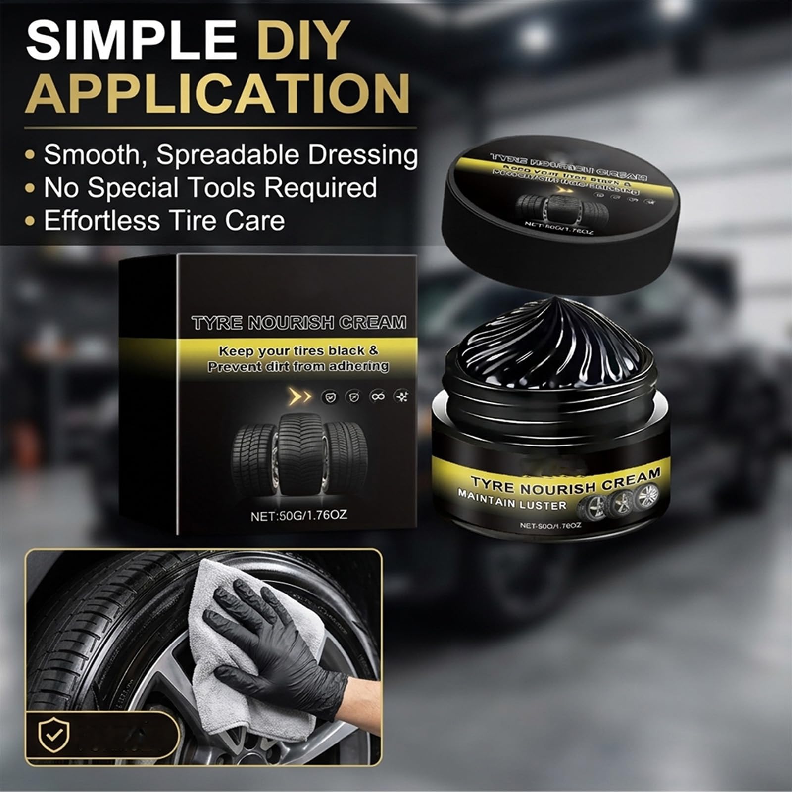 Tyre Nourish Cream – Tire Wax & Tyre Shine, Rim Refurbish Wax, Car Tire Dressing for Black Gloss Restoration and High Shine (2PC) — view 4