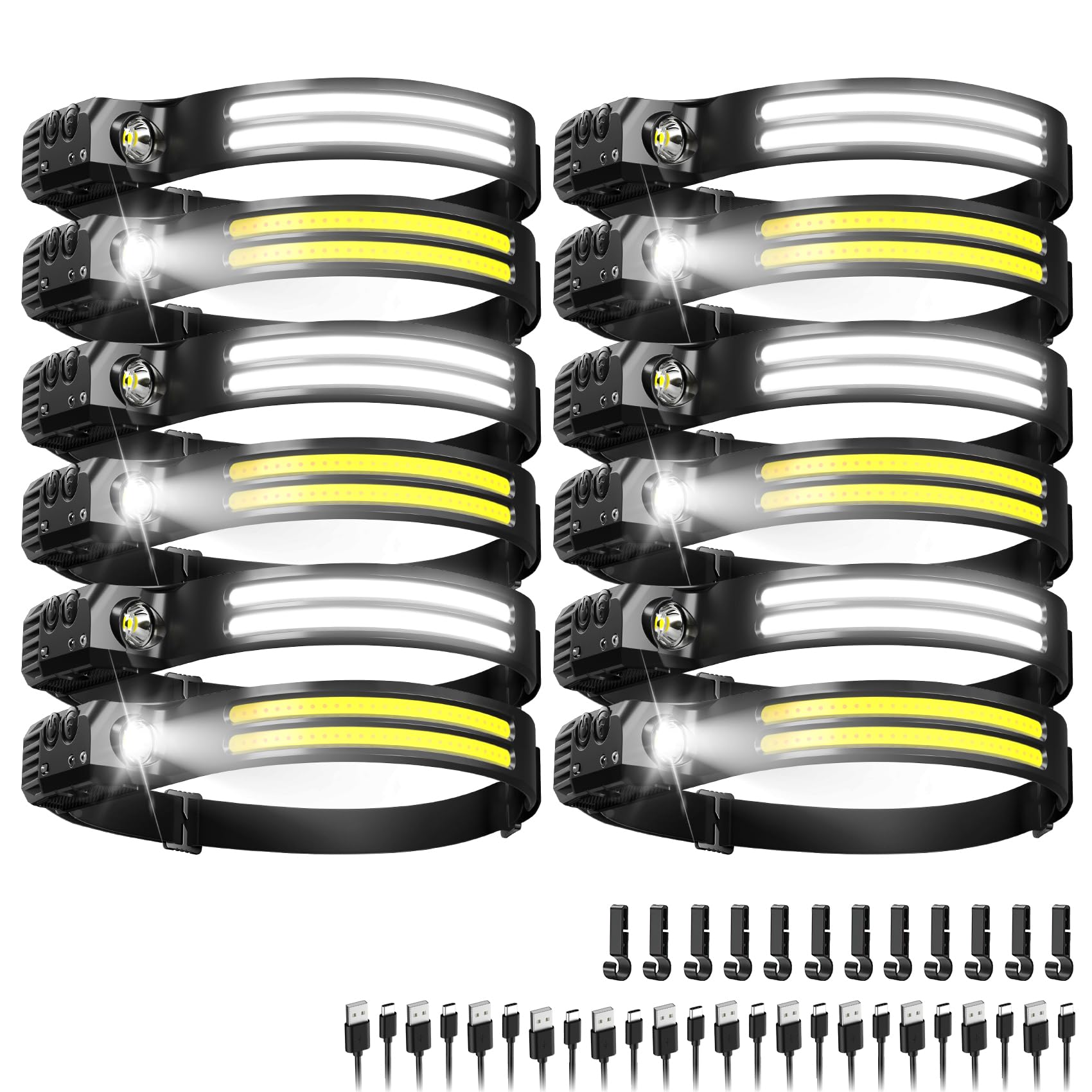 Rechargeable Headlamps 12 Pack, LED Headlight 230° Ultra Wide Beam, 6 Modes Waterproof Head Lamp, Hands-Free Forehead Light for Camping, Hiking, Running, Outdoor Gear