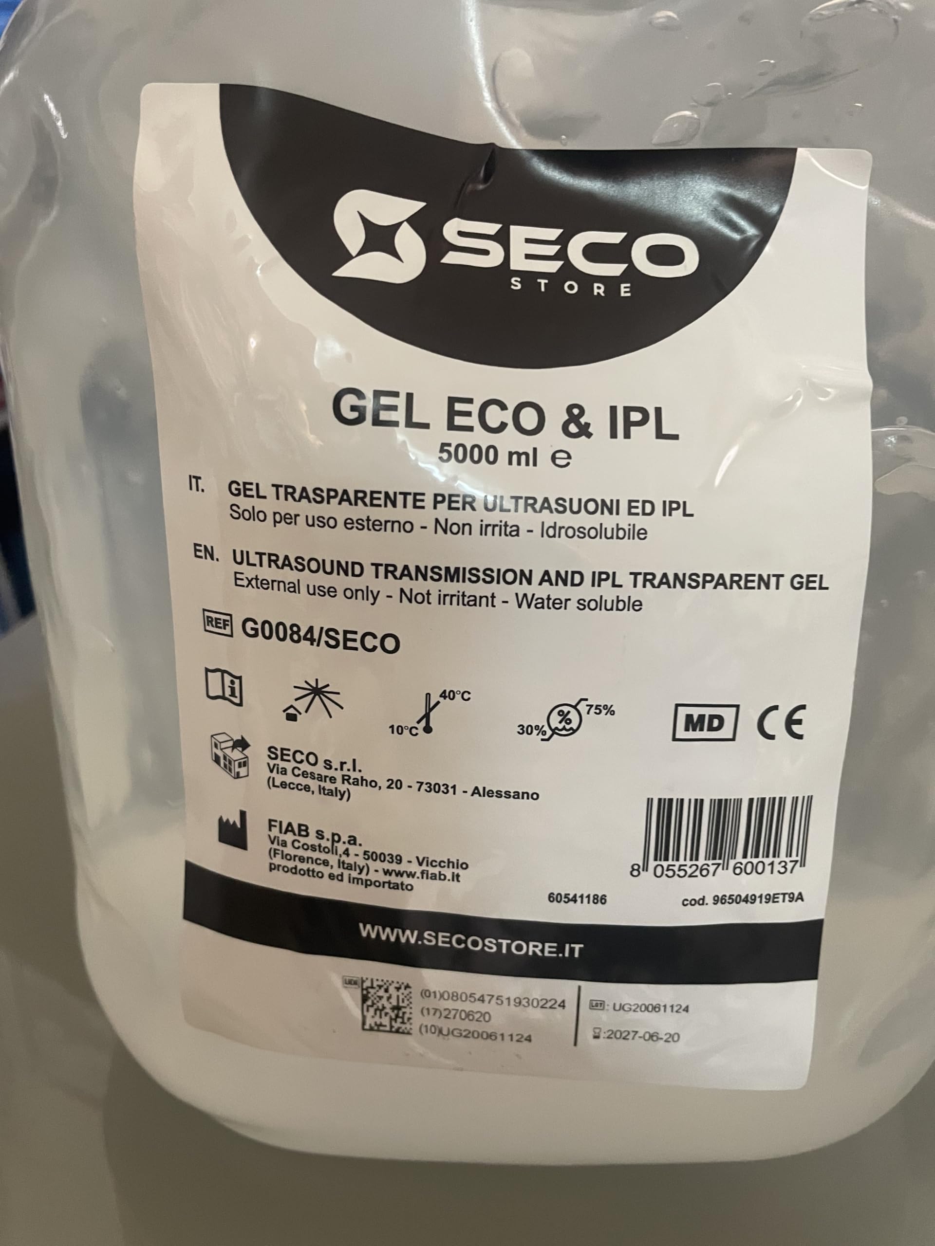 SECOSTORE Gel Conduttore Trasparente, Ultrasuoni Ecografia ECG Luce Pulsata, Ipoallergenico | Confezione 5 litri + Dosatore 250 ml