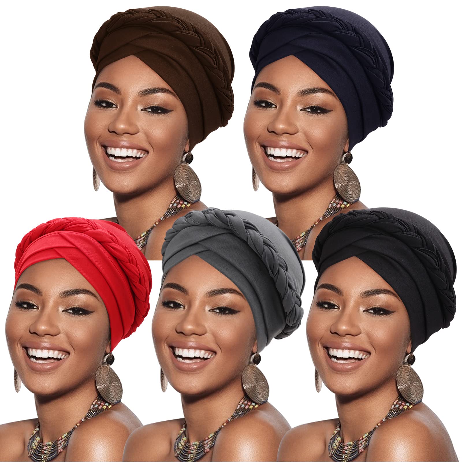 DRESHOWAfrican Women Turban Caps Beanie Twist Headscarf Pre-Tied Twisted Braid Headwraps for Women Chemo Cancer Cap