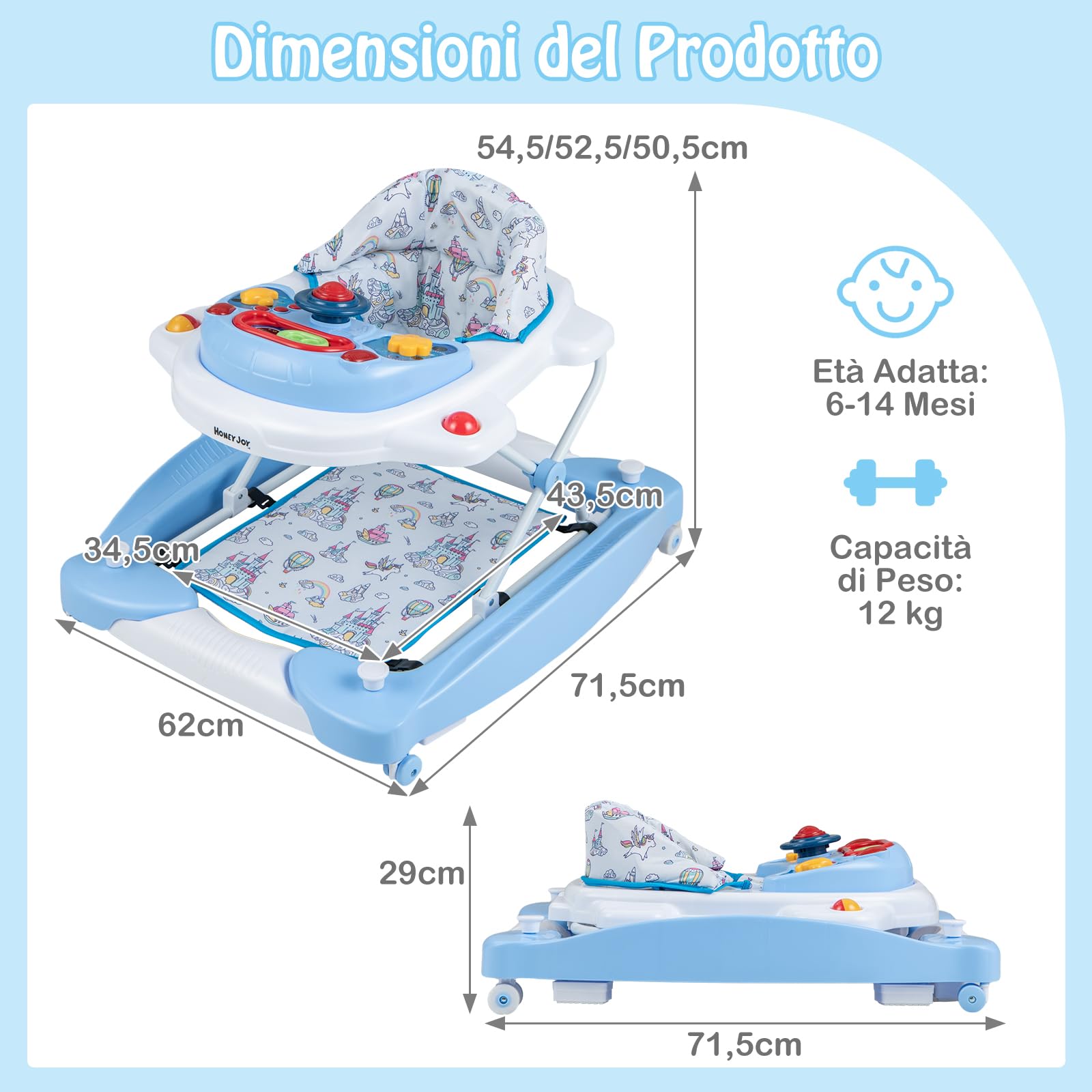GYMAX Girello Convertibile 6 in 1 per Bambini, Girello Pieghevole con Ruote, Cavallo a Dondolo per Bambini con Pedana, Luci e Musica e Giocattoli, per Bambini di 7-14 Mesi (Blu)