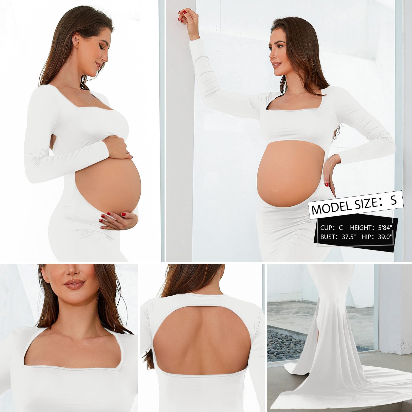 Bhome Umstandskleid für Fotoshootings Ausschnitt Rückenfrei Side Split Umstandskleid Maxikleid für Fotoshooting