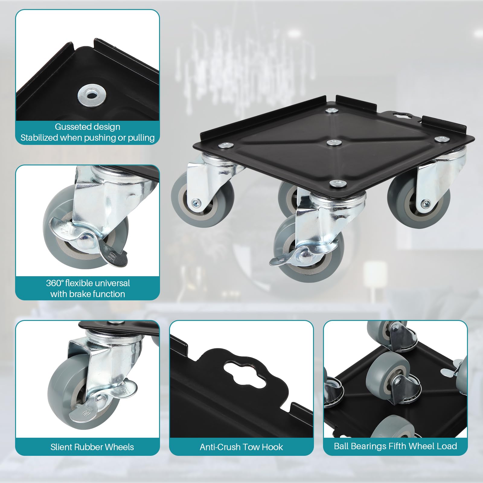 Upgrade Large-Furniture Dolly,5 Wheels,Silicone Anti Slip Sleeve,360° Rotation with Brake Holding 3306LB Load capcity,Flexible Mobility,Suitable for Moving Appliances Pianos - Image 4