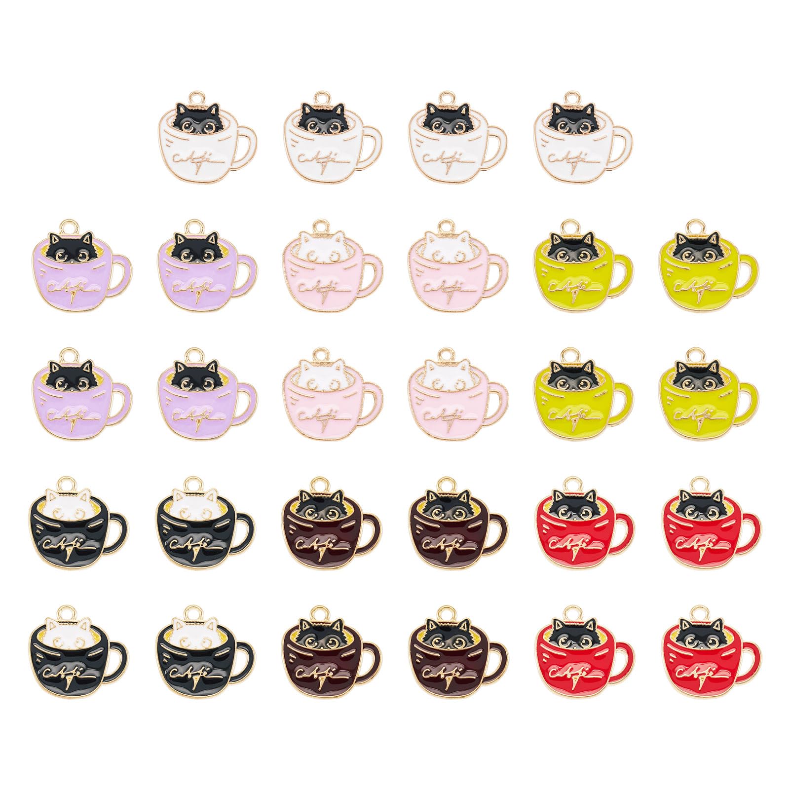 FASHEWELRY 28Pcs Cup With Cat Enamel Charms Cute Kitten Dangle Earring Charms Cartoon Cat Keychain Pendants For Christmas DIY Jewelry Making