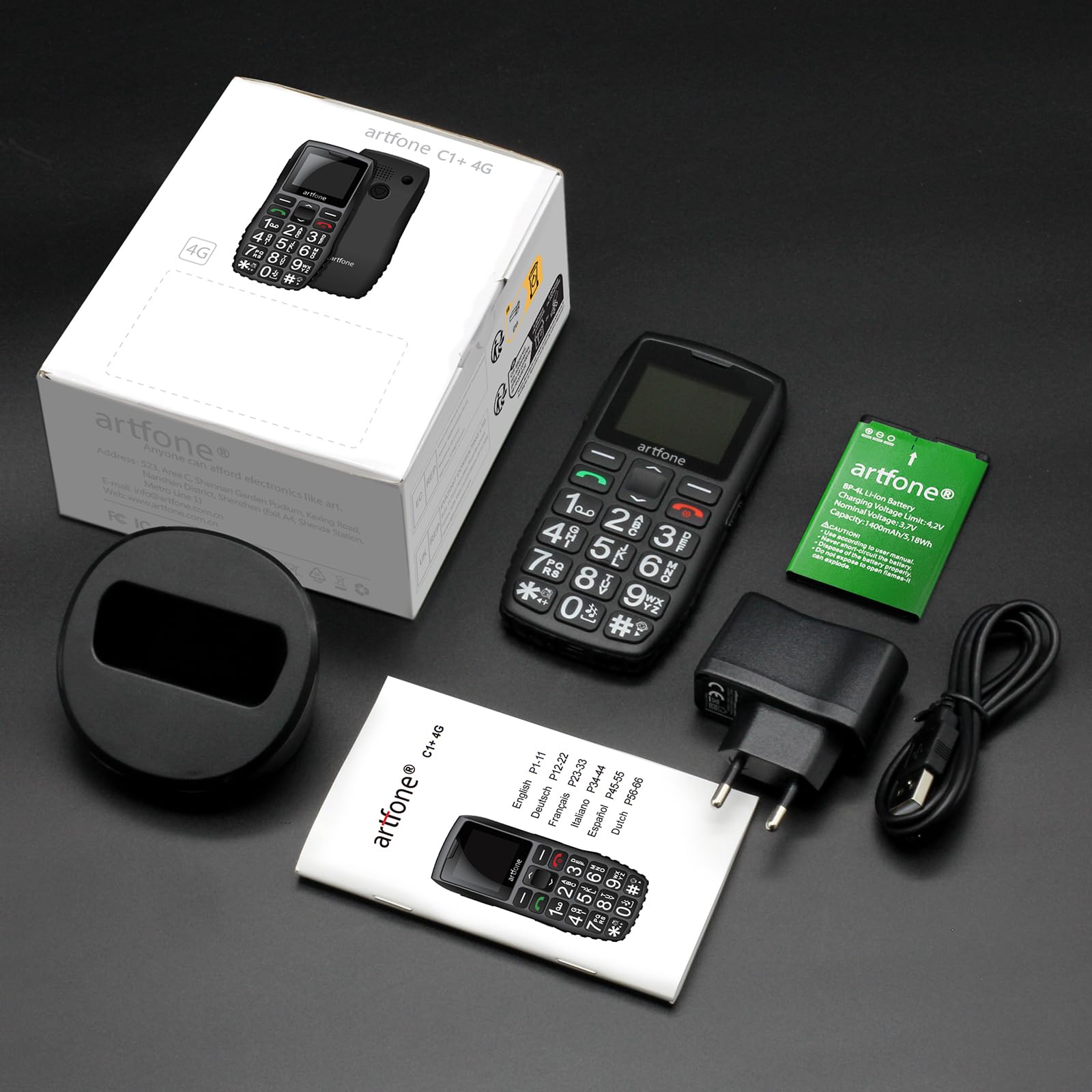 artfone Seniorenhandy ohne Vertrag mit Ladestation, Handy für Senioren mit 1,77 Zoll Farbdisplay, 4G Mobiltelefon mit Großen Tasten, SOS Notruftaste, Dual SIM, USB-C, 1800 mAh Akku, C1 LTE Senior