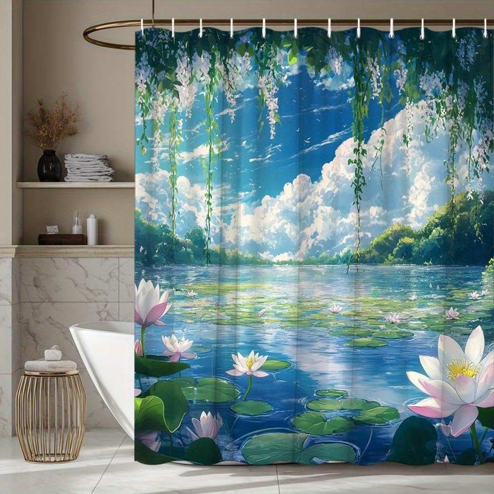 GLWDMB 1 Piece 180x180CM Serene Lakeside with Lily Pads and Greenery Printed Shower Curtain With Hook, Polyester, for Windows And Walls, Bathtub, Bathroom, Machine Washable, All Season Universal