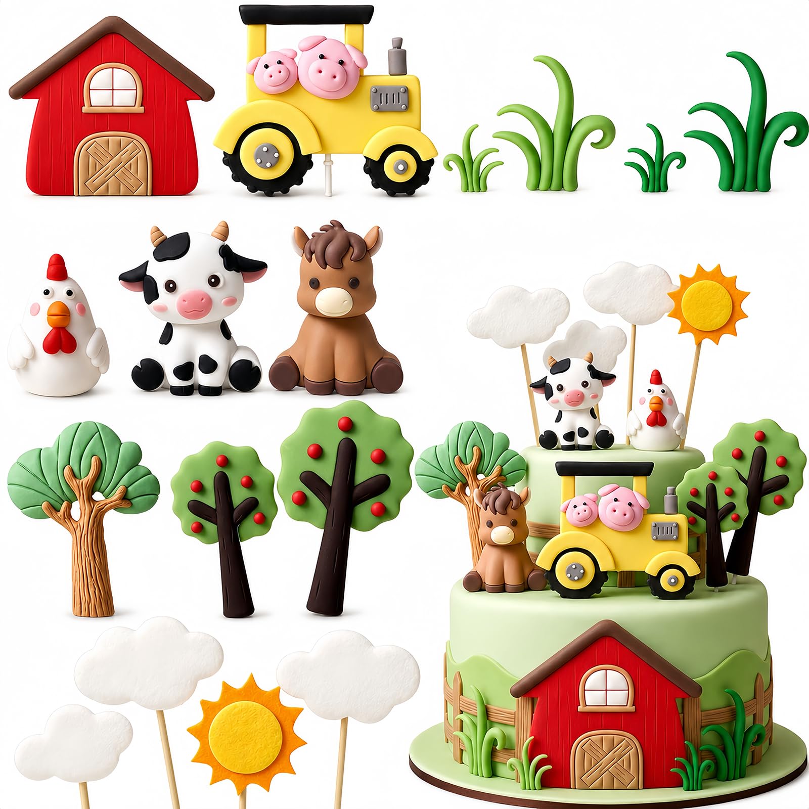 Farm Animal Cake Decoration 16pcs Cartoon Animal Birthday Cake Toppers, Farm Birthday Cake Decorations for Farm Theme Party Baby Shower Birthday Party Cake Decor