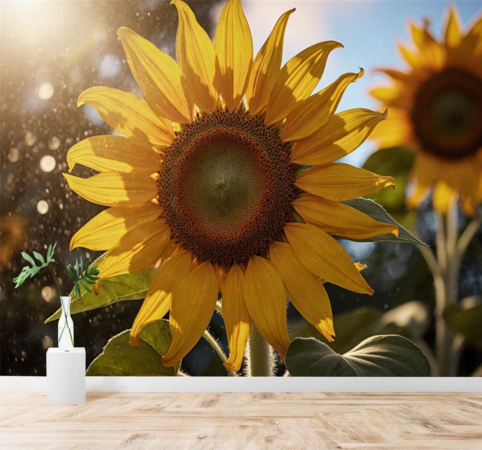 XLMING Bright Sunny Sunflower Golden Petals Green Leaves 3D Wallpaper Silky Texture Home Study Office Grey Dining Room Sofa Bedroom Living Room TV Backdrop-200cm×140cm