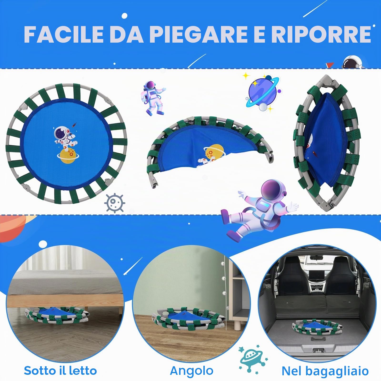 Trampolino Elastico per Bambini,Tappeto Elastico Pieghevole per Bambini con Astronauta Copertura,Cuscinetti Antiscivolo e Maniglia,Ideale per Interno ed Esterno,Carico Massimo 150 kg