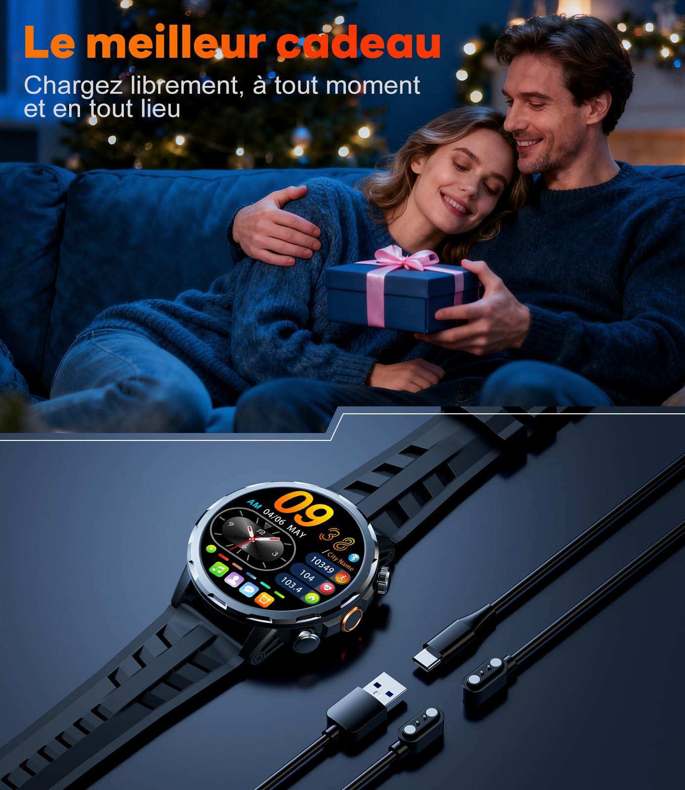LIGE 1000 mAh Batterie Montre Connectée Homme, Smartwatch Sport avec LED Lampe Militaire, 1,85″ HD Appel Bluetooth, 100+ Modes Sport,Fréquence Cardiaque/Sommeil, 5ATM Montre Android/iOS, Gris Bleu