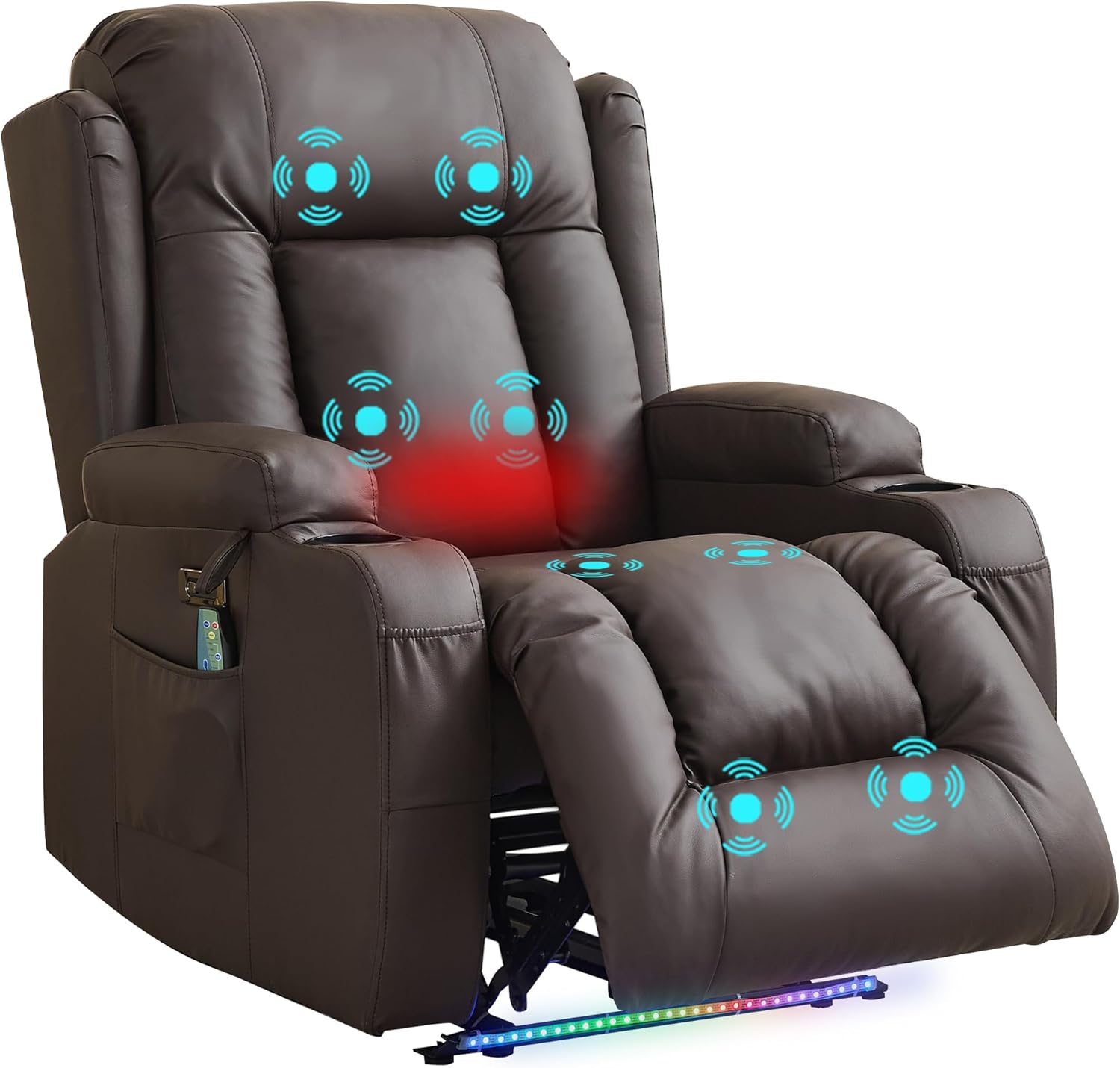 URRED Recliner Chair with Massage and Heat, Power Reclining Sofa Chair Home Theater Seating with LED Ambient Light, USB Ports, Cup Holders, Side Pockets, Faux Leather, Dark Brown