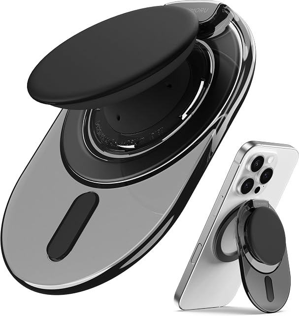 Sinjimoru for MagSafe Phone Grip, 2024 New Adjustable Stand with 3000G Soft Silicone Magnetic Grip Fits for iPhone Series, M-Tap Tok Stand Clear Black