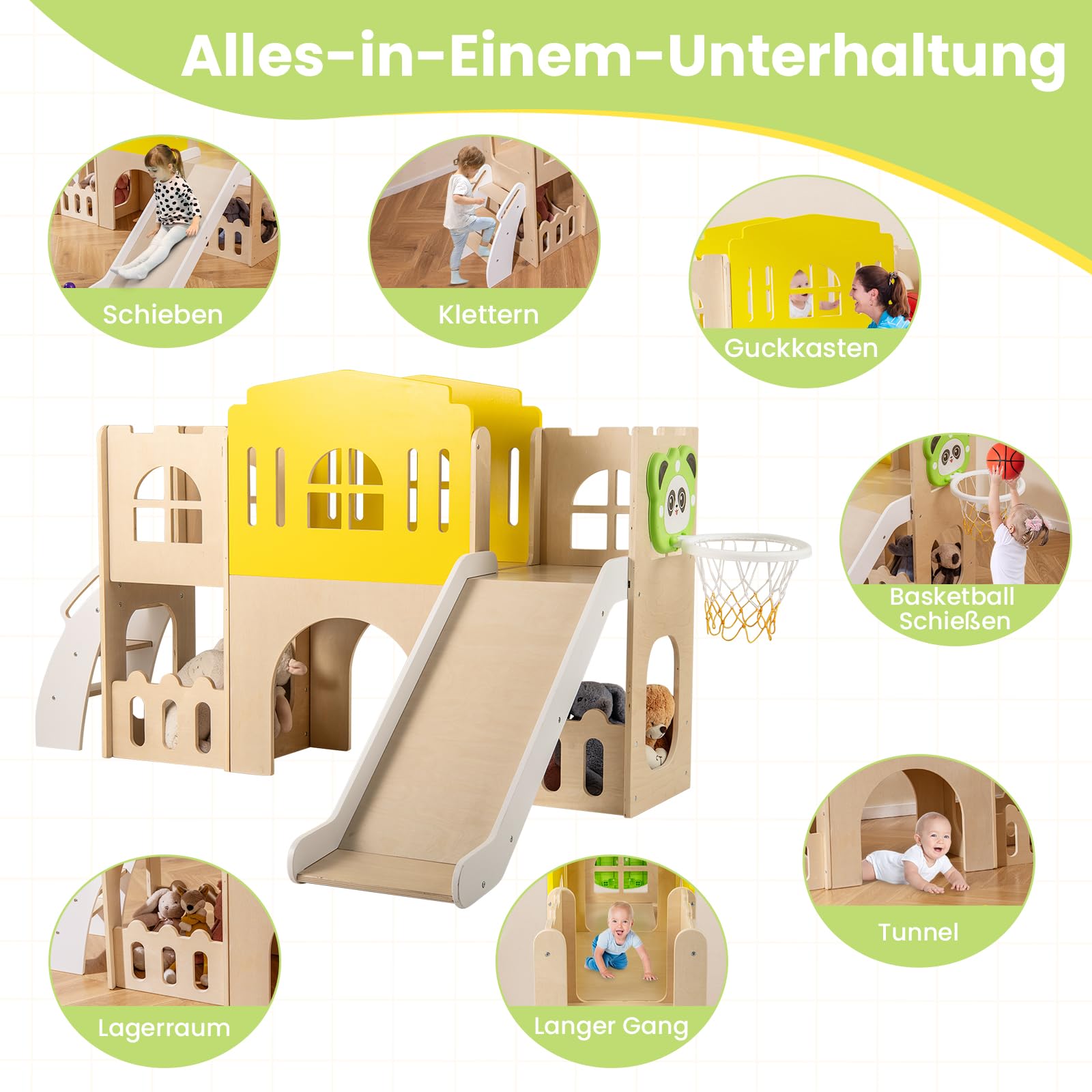 COSTWAY 7-in-1 Kinder Rutsche, Kinderrutsche mit Kletterleiter & Basketballkorb & Tunnel & Stauraum, Klettergerüst Indoor, Holz Spielplatz für Kinder ab 3 Jahren