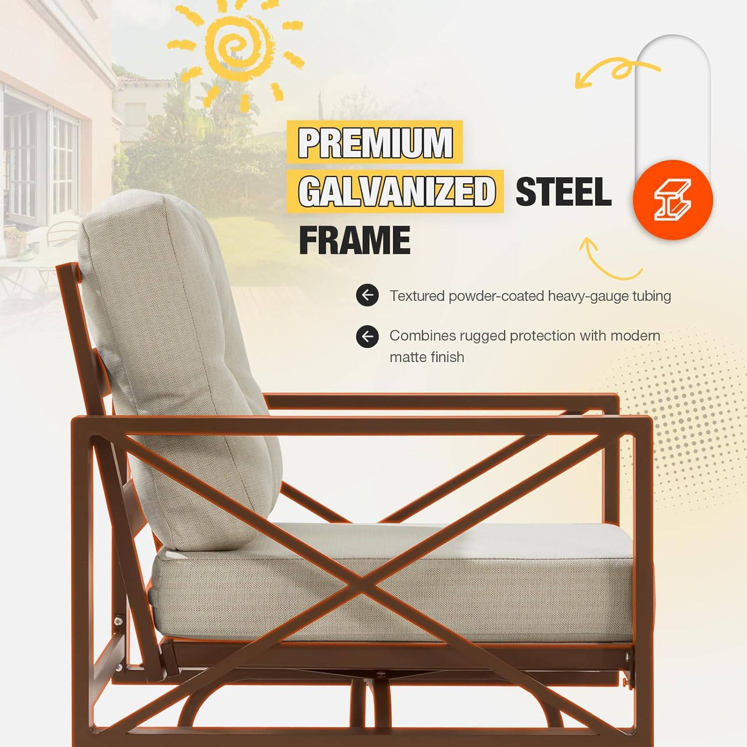 6 Pieces Metal Patio Furniture Set, Outdoor Seating Furniture with Swivel Chairs and Ottoman Ideal for Indoor Porch Deck Bistro Lawn Garden Backyard Poolside-Beige
