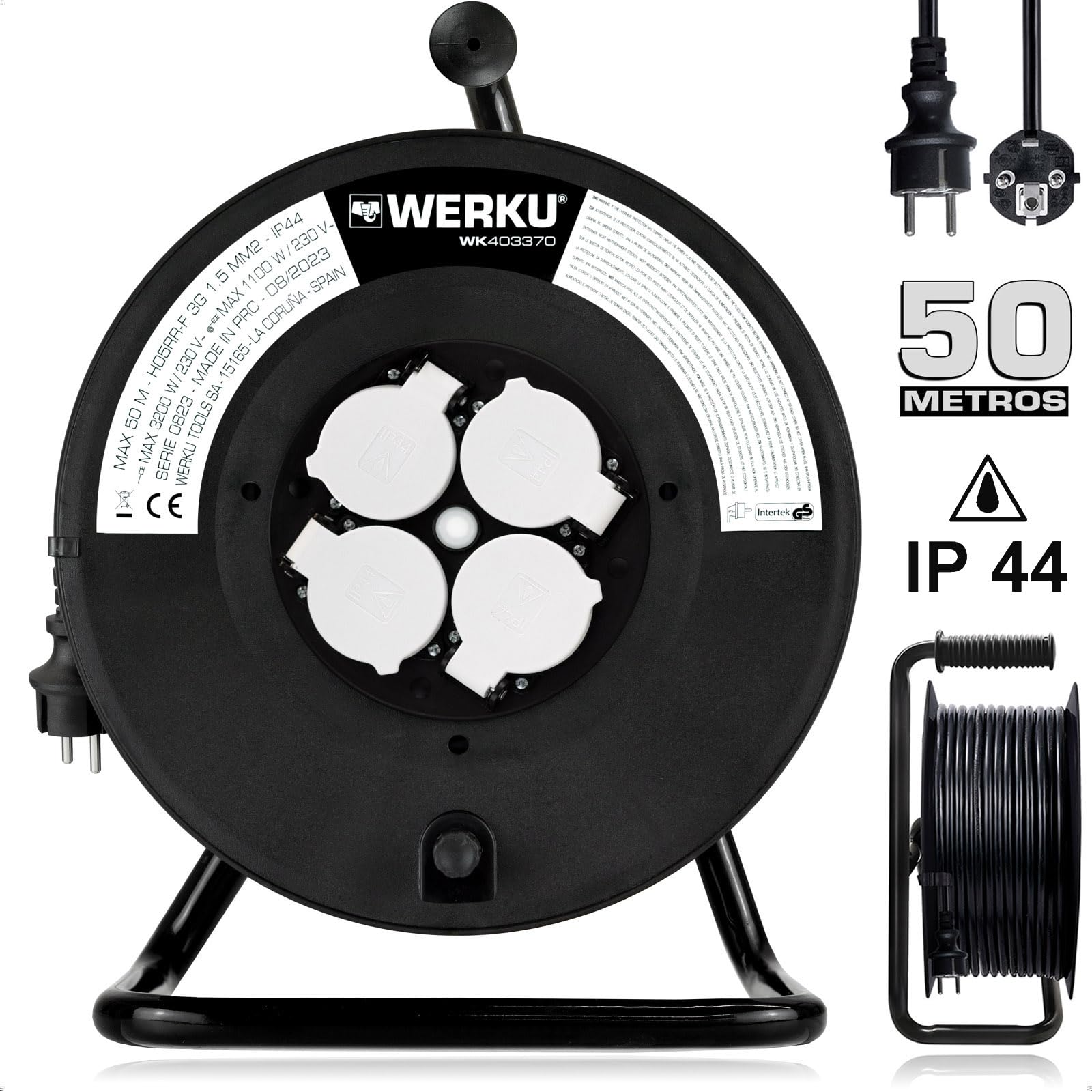 WerkuWK403370, Professional Quality, 50 Metres, Max 3200 W, IP44 Protection, 4 Sockets, Cable H05RR-F 3G 1.5 MM/2, Overheat Protection