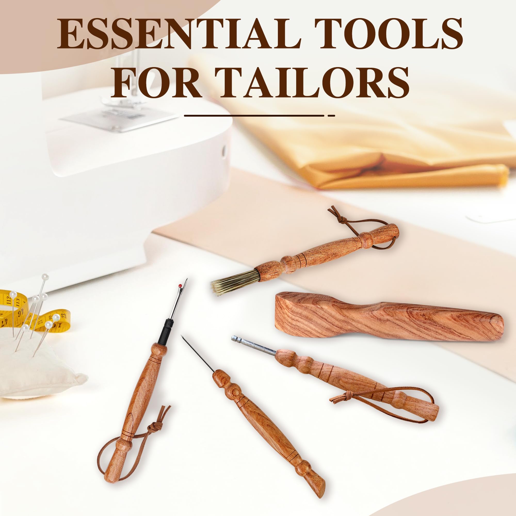 SAVINA Set 5 Holz-Nähwerkzeug – Nahttrenner, Nahtpresse, Stiletto, Basting Pin Tool, Reinigungsbürste – Premium-Hartholzgriffe für Quilten & Handnähen