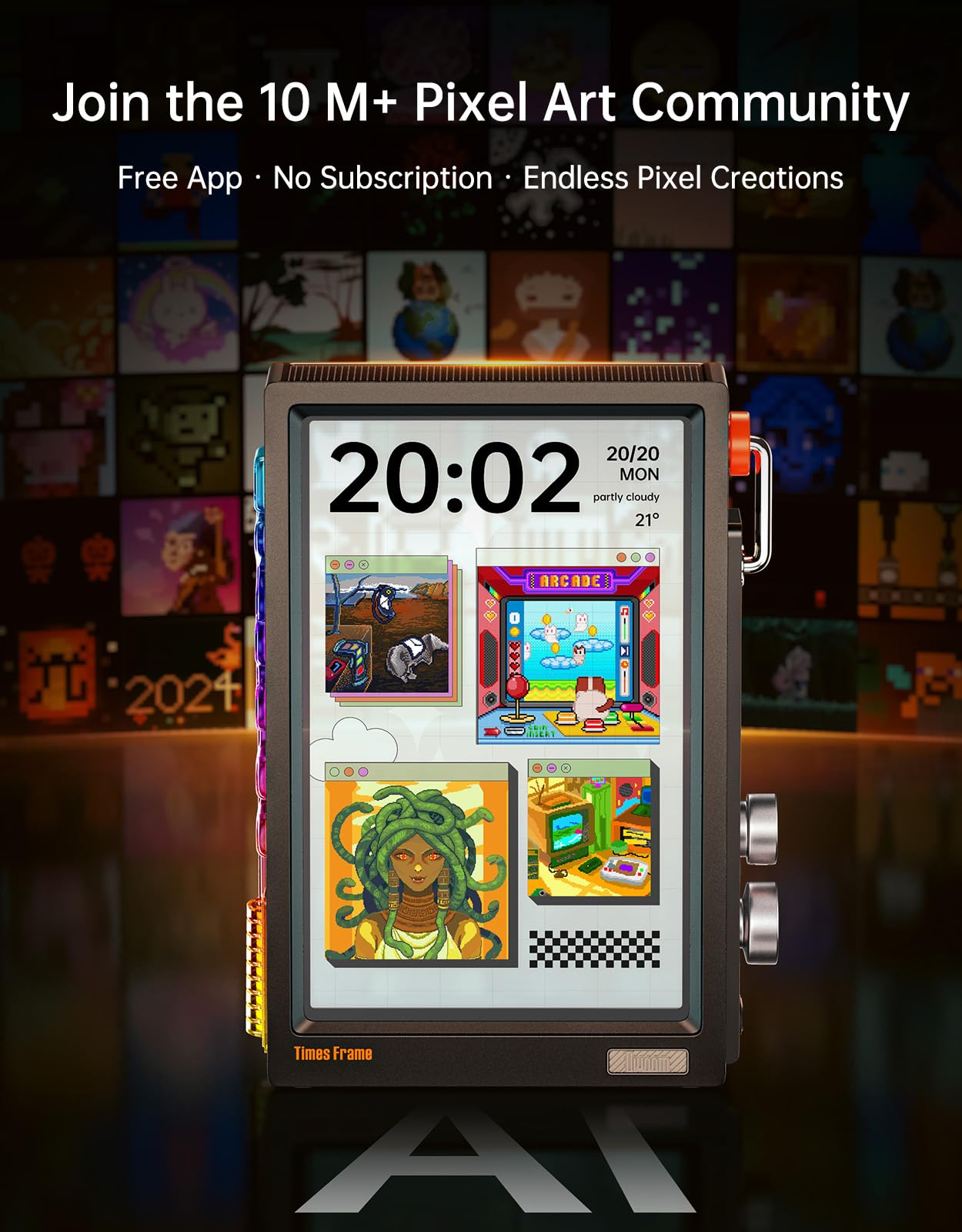 Divoom Times Frame-10.1" Digital Picture Frame Transparent IPS Smart Linux OS with RGBLED Rotary Knob WiFi 64GB 400+Clock Faces Widget 50+API Feeds Gift Mode Pixel Art Community Personalized Display